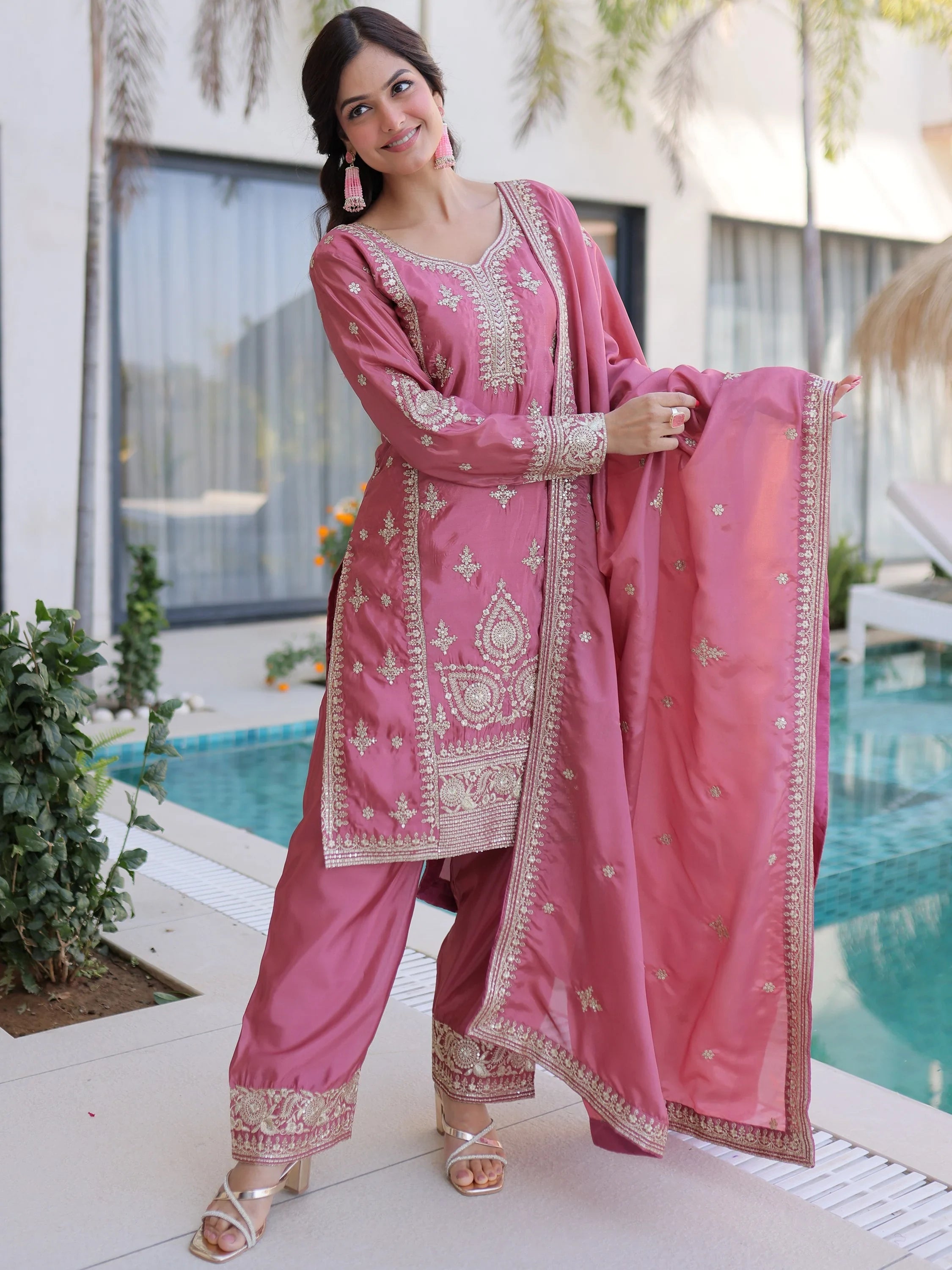 Pink Enchanting Zari Work Silk Eid Special Pant Suit With Dupatta