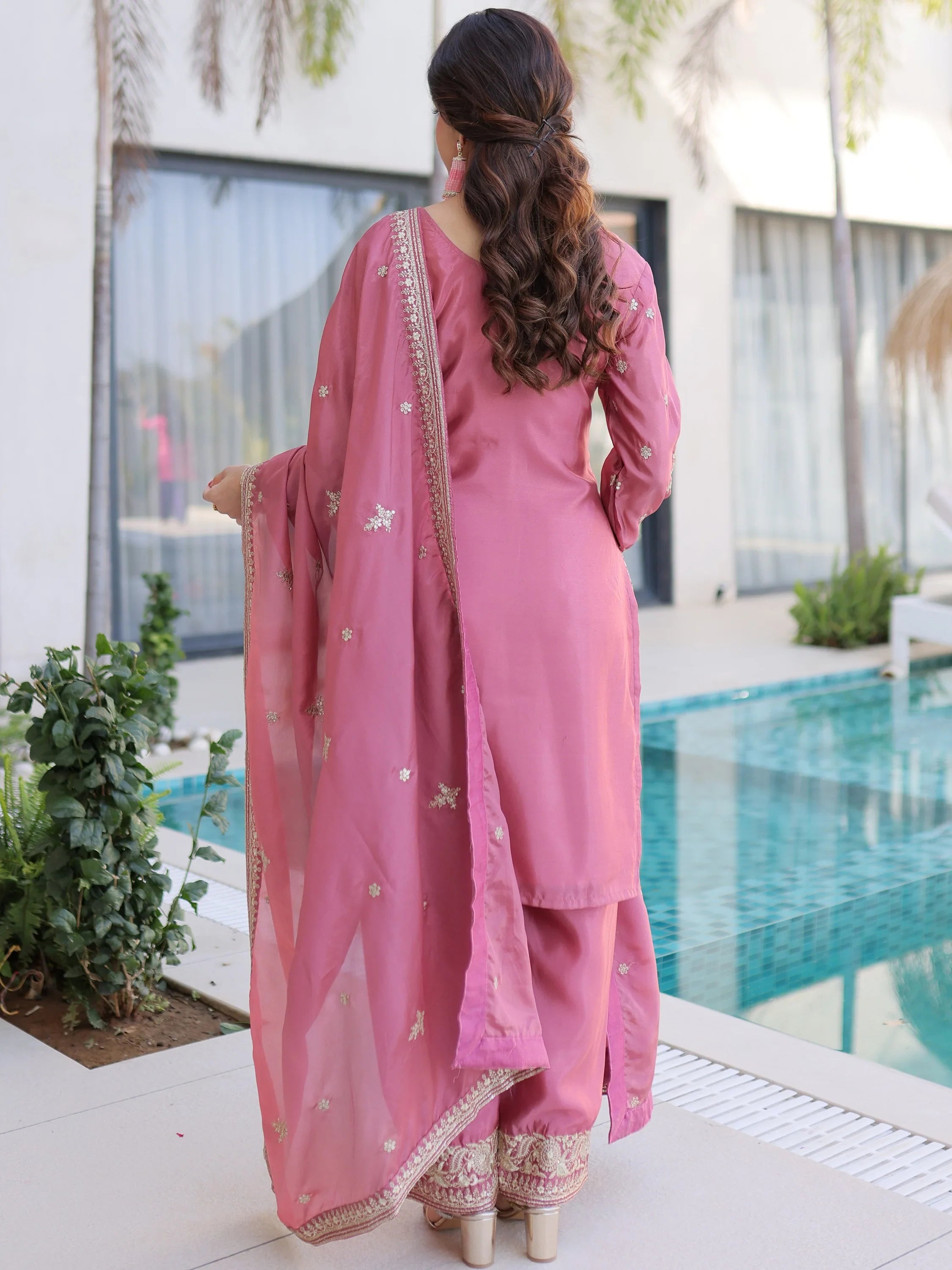 Pink Enchanting Zari Work Silk Eid Special Pant Suit With Dupatta