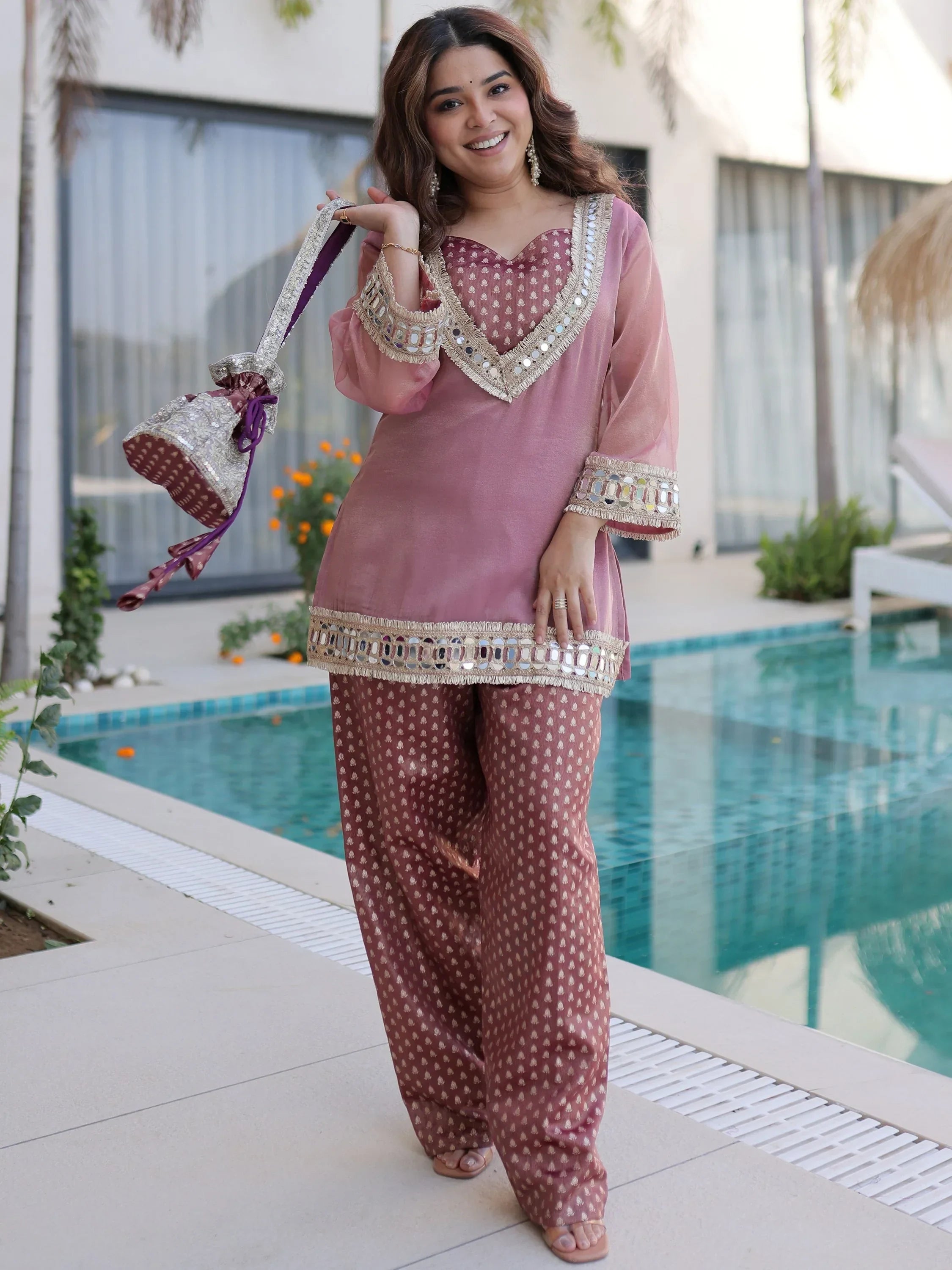 Pink Fantastic Mirror Work Organza Festival Wear Top With Palazzo