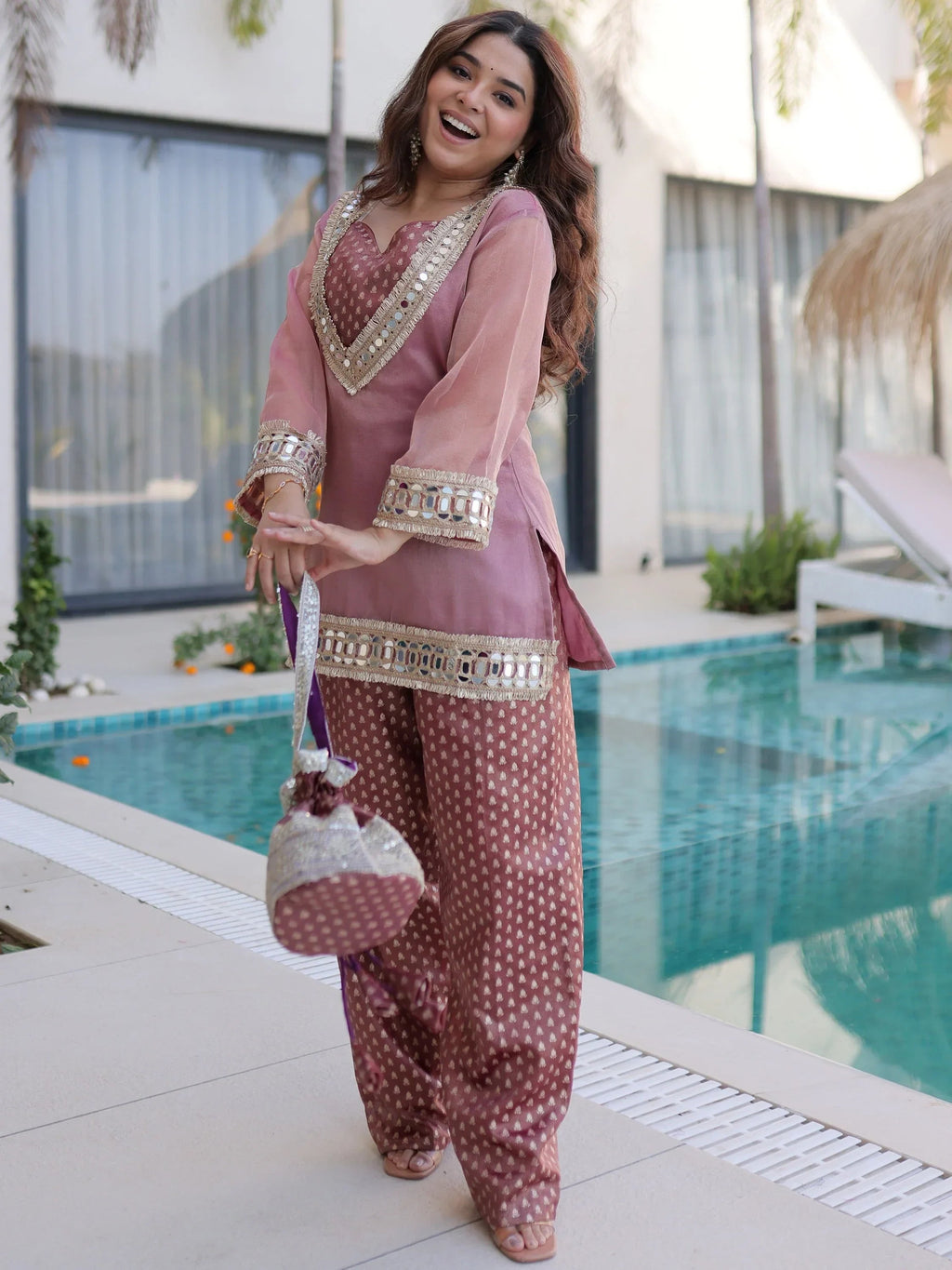 Pink Fantastic Mirror Work Organza Festival Wear Top With Palazzo