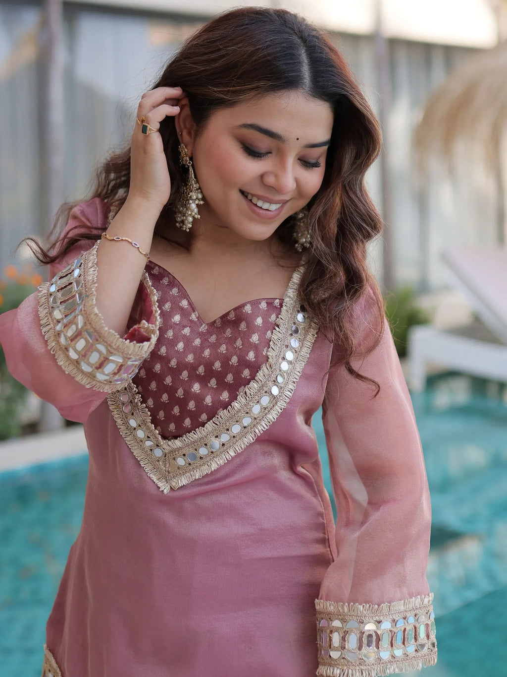 Pink Fantastic Mirror Work Organza Festival Wear Top With Palazzo