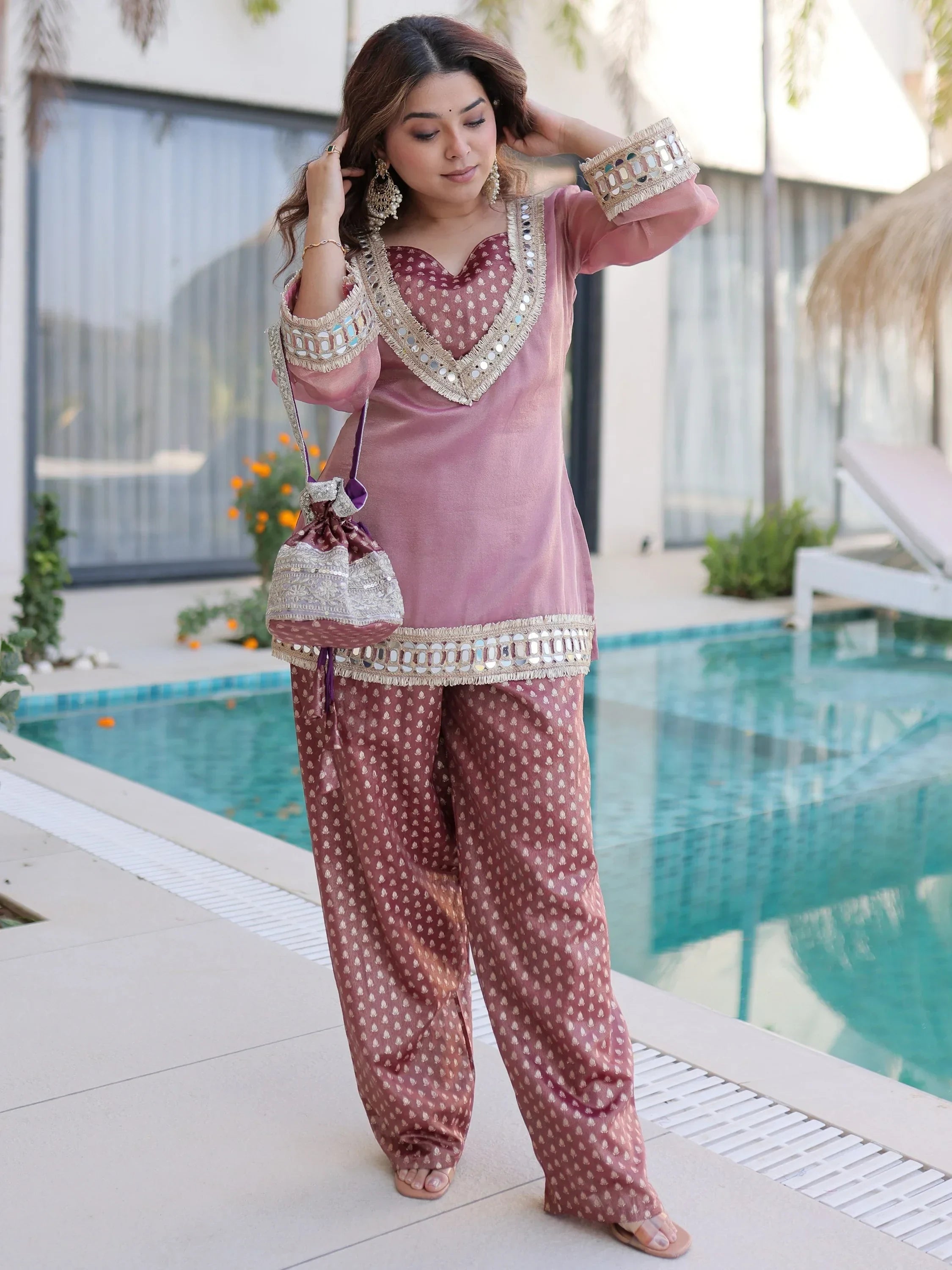 Pink Fantastic Mirror Work Organza Festival Wear Top With Palazzo