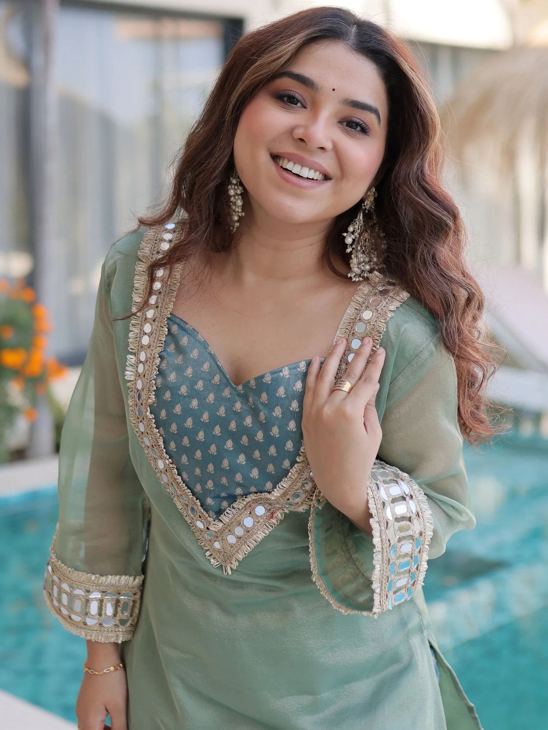 Green Fantastic Mirror Work Organza Festival Wear Top With Palazzo