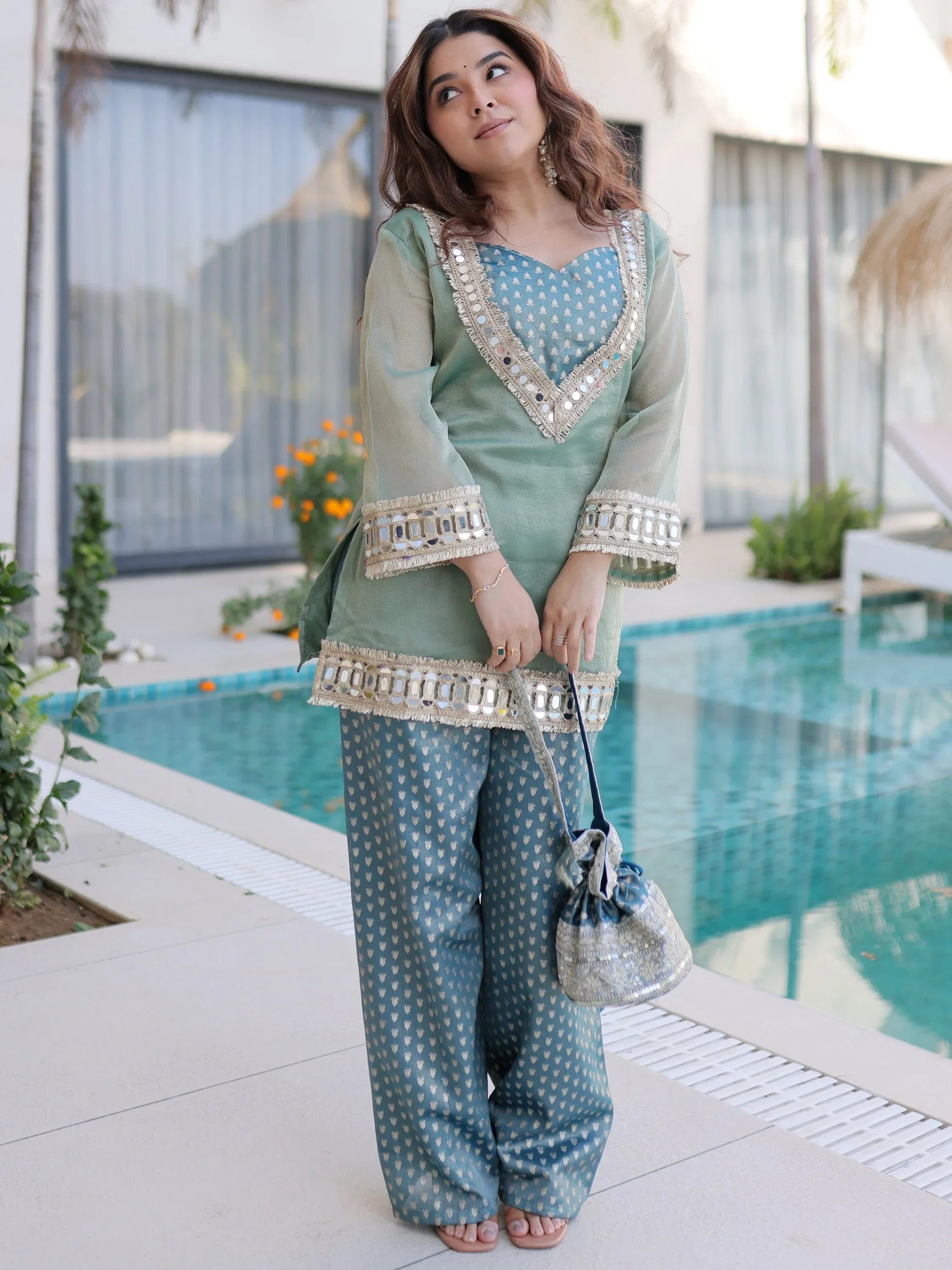 Green Fantastic Mirror Work Organza Festival Wear Top With Palazzo