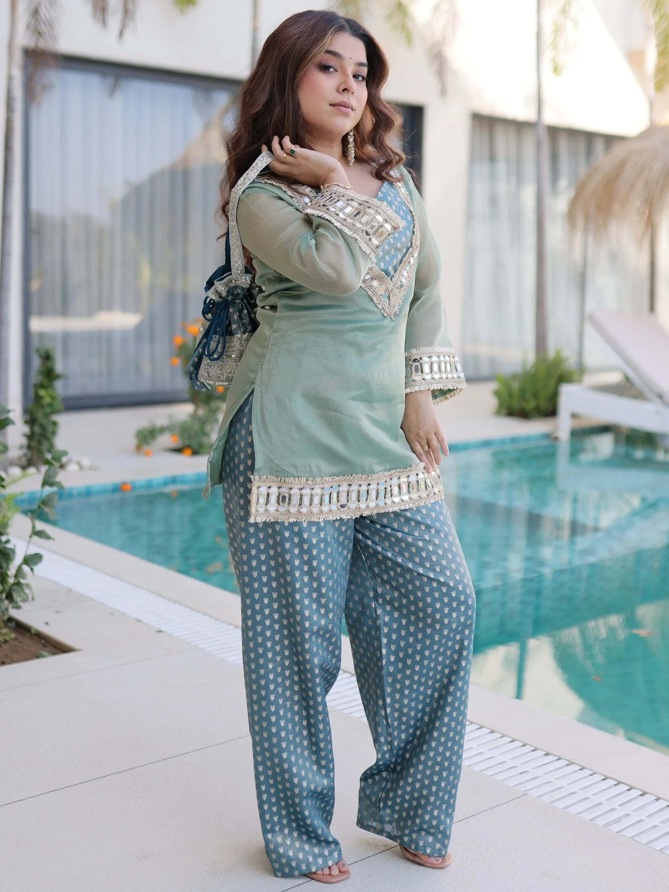 Green Fantastic Mirror Work Organza Festival Wear Top With Palazzo