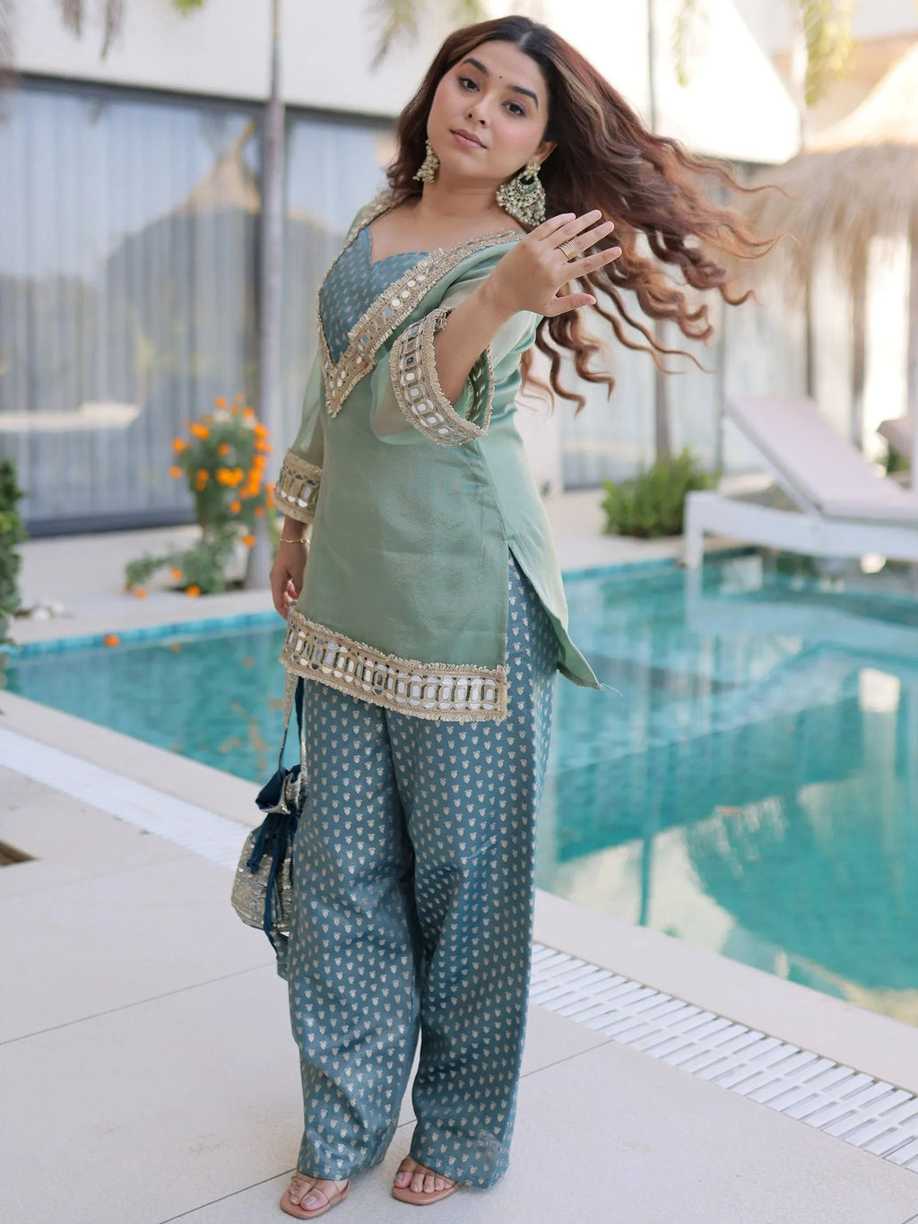 Green Fantastic Mirror Work Organza Festival Wear Top With Palazzo