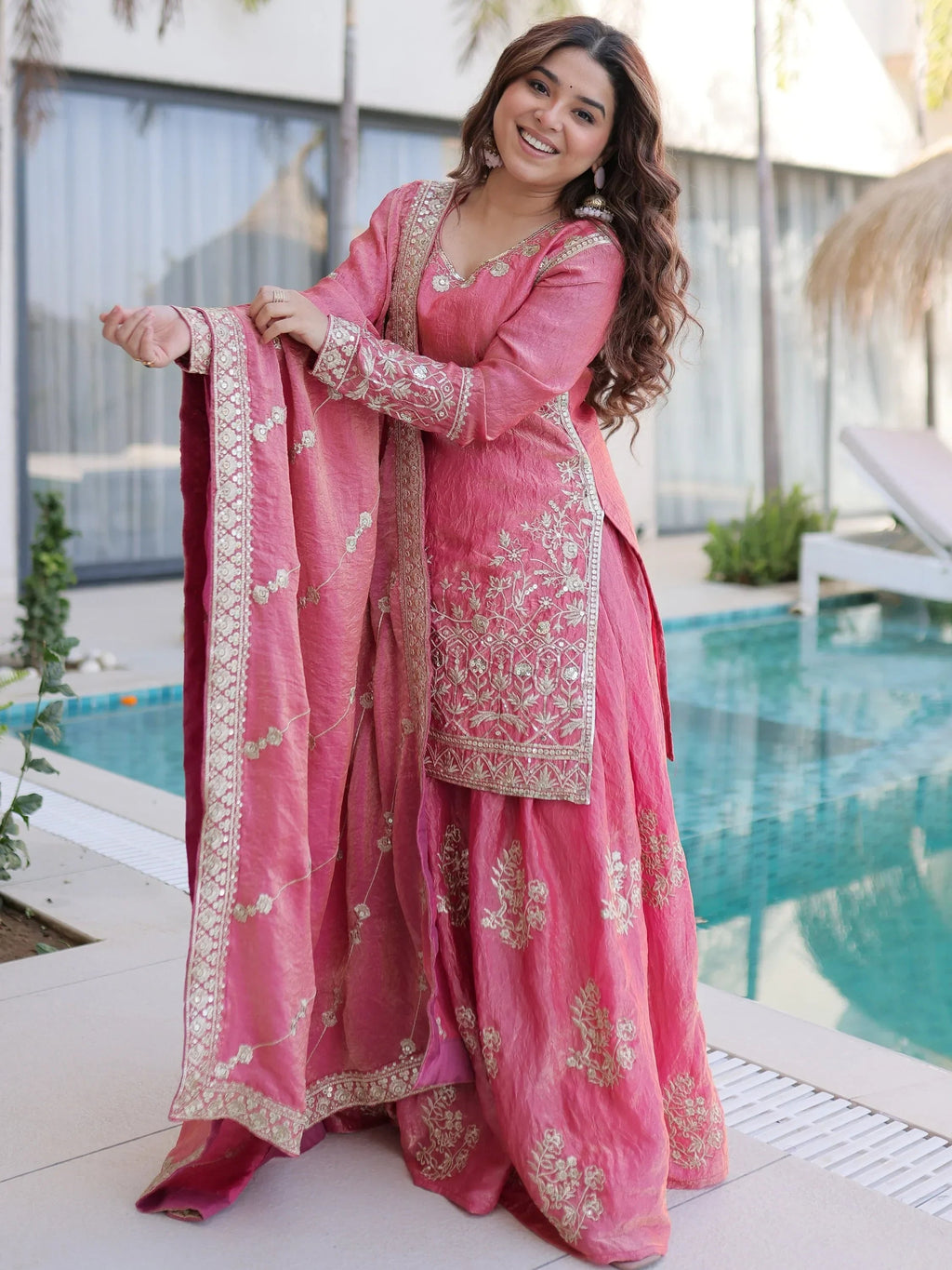 Pink Fantastic Zari Embroidered Crushed Festive Wear Sharara Suit