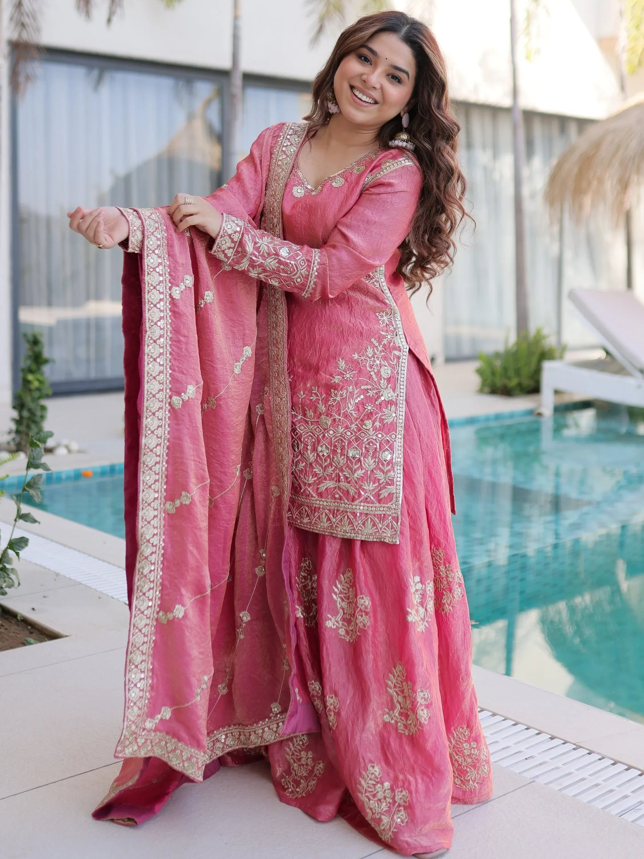 Pink Fantastic Zari Embroidered Crushed Festive Wear Sharara Suit