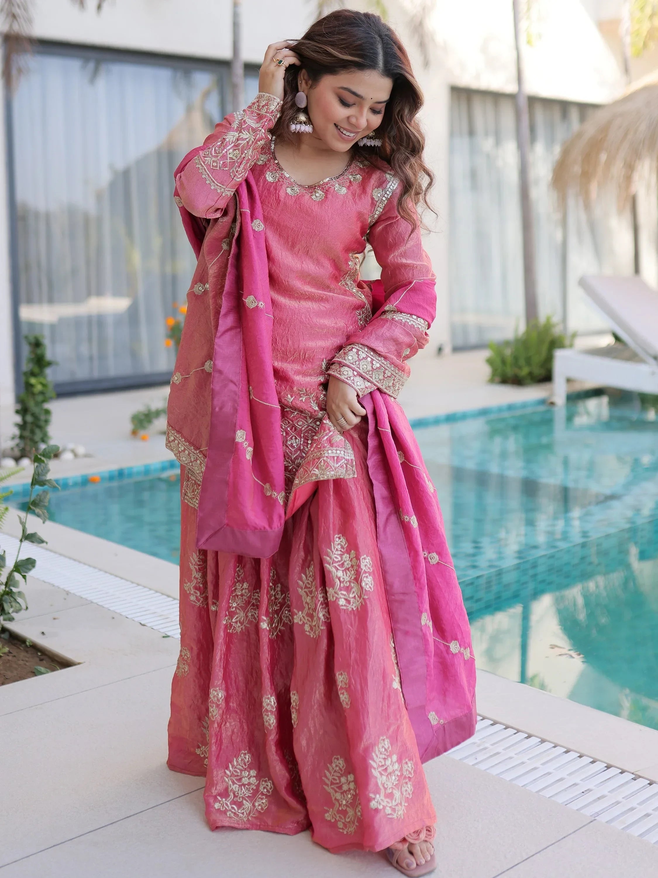 Pink Fantastic Zari Embroidered Crushed Festive Wear Sharara Suit