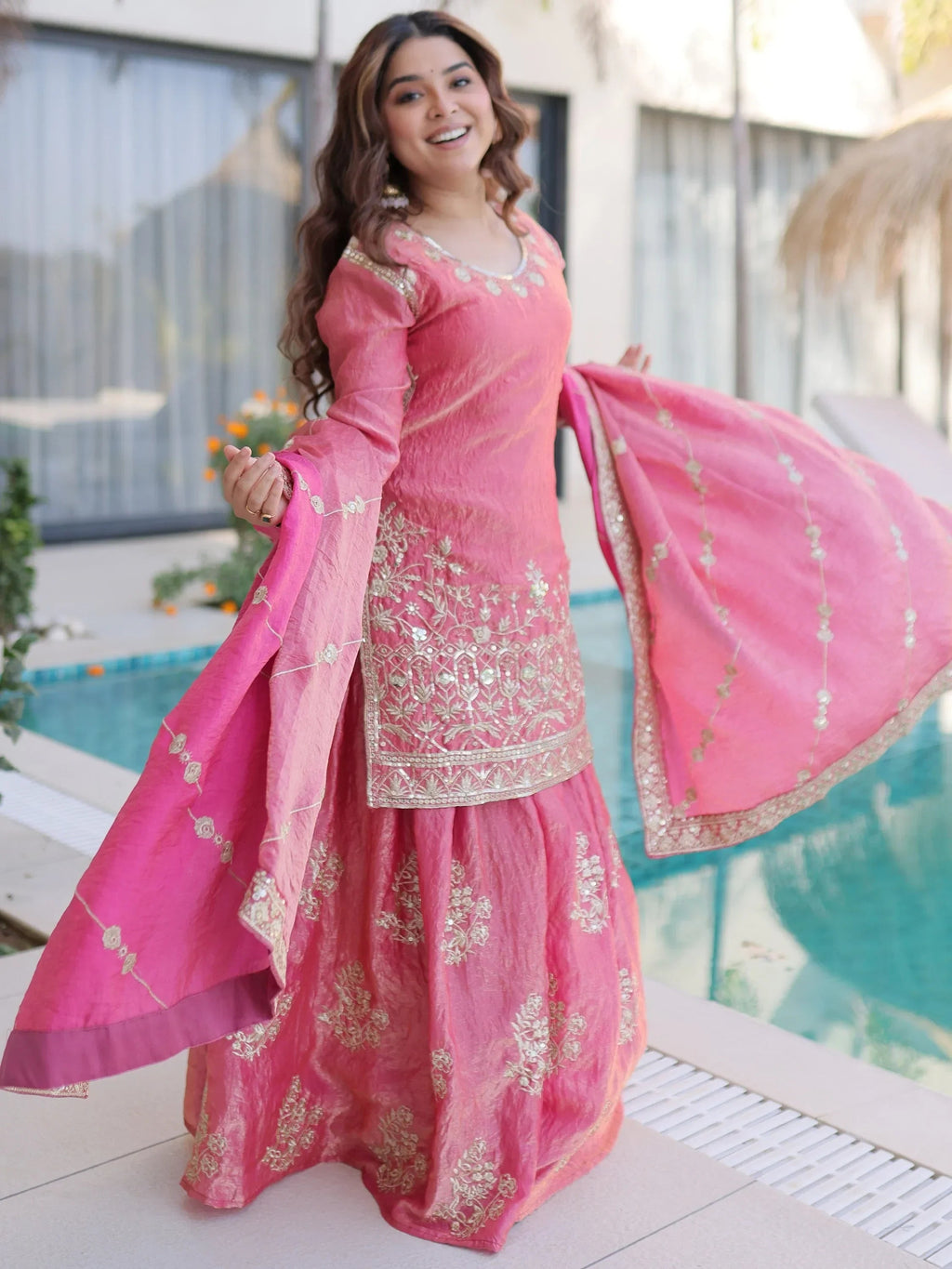 Pink Fantastic Zari Embroidered Crushed Festive Wear Sharara Suit