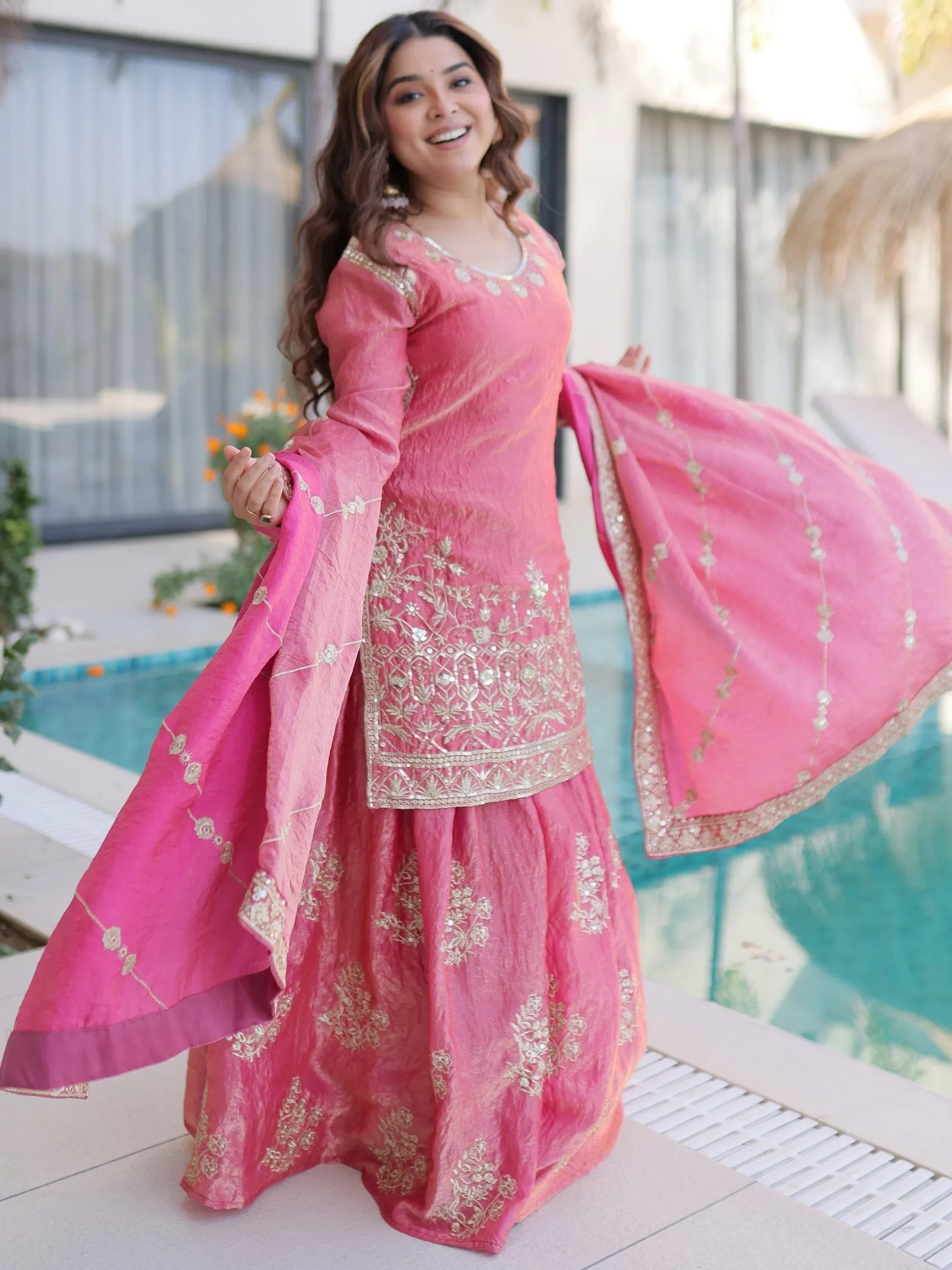 Pink Fantastic Zari Embroidered Crushed Festive Wear Sharara Suit