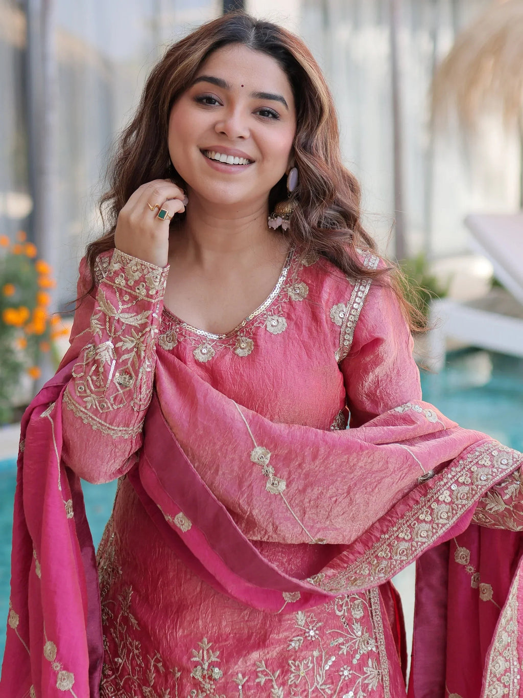 Pink Fantastic Zari Embroidered Crushed Festive Wear Sharara Suit