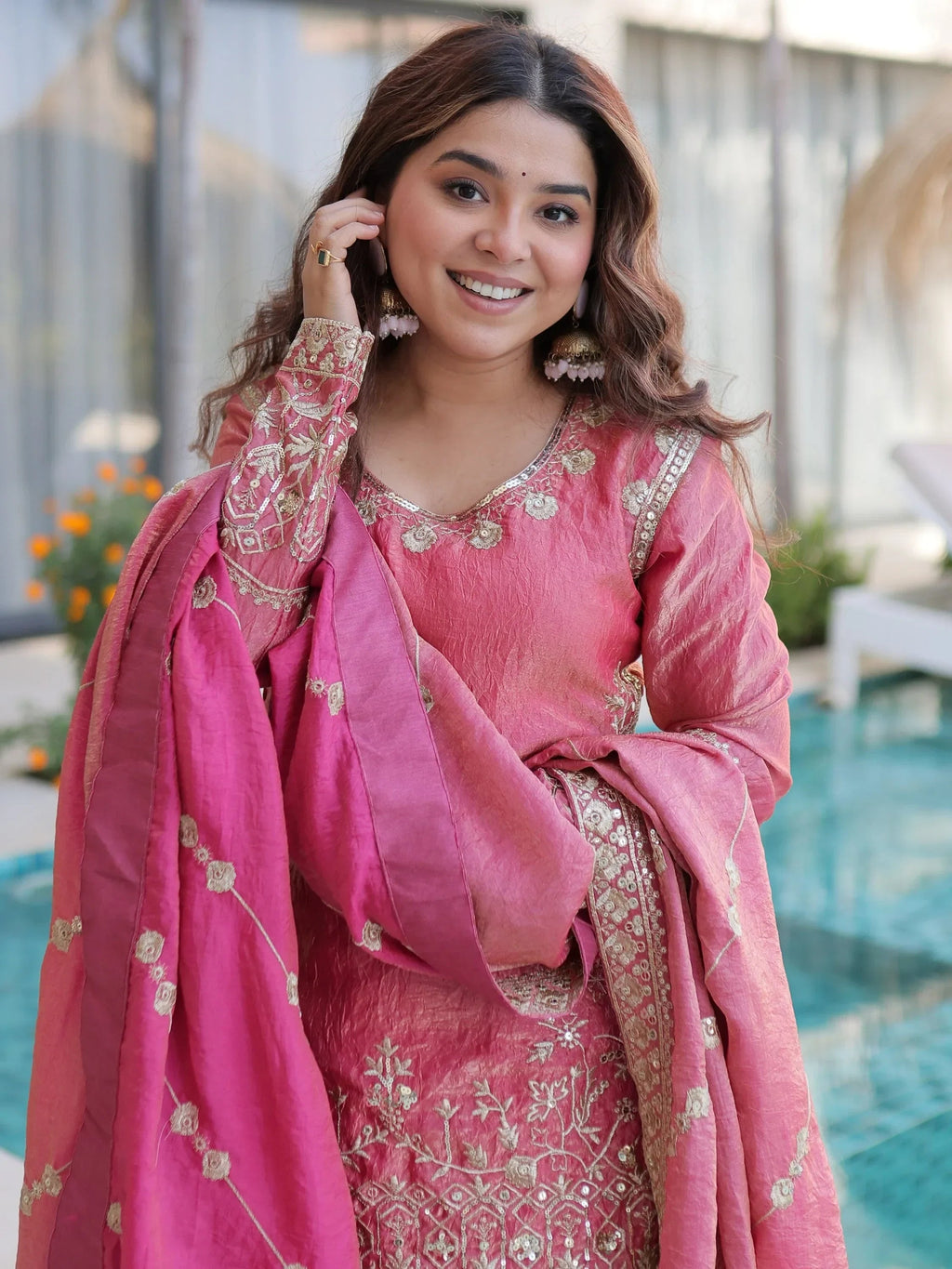 Pink Fantastic Zari Embroidered Crushed Festive Wear Sharara Suit