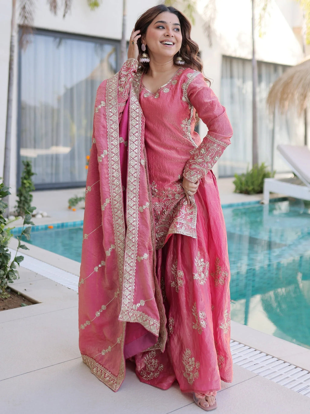 Pink Fantastic Zari Embroidered Crushed Festive Wear Sharara Suit