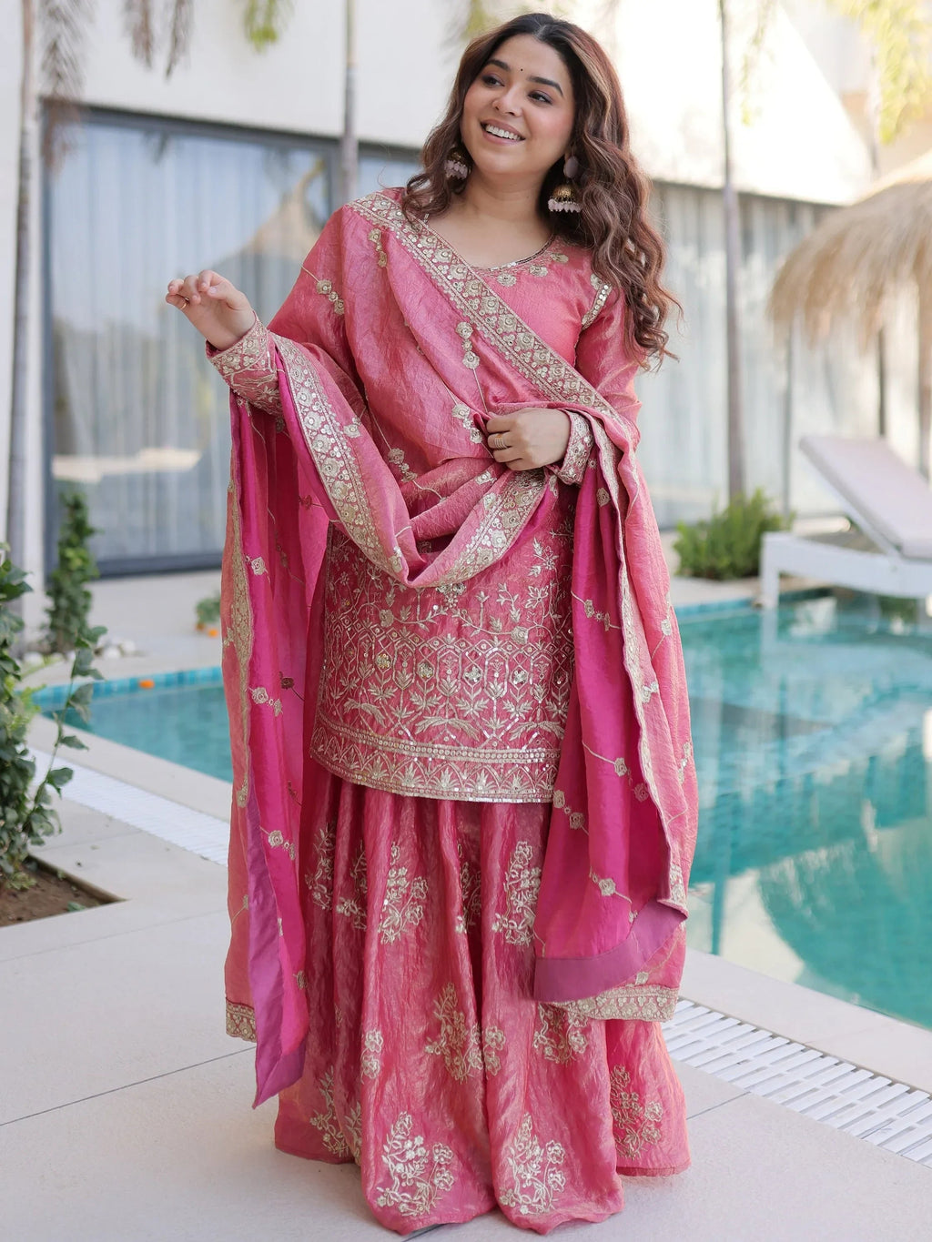 Pink Fantastic Zari Embroidered Crushed Festive Wear Sharara Suit