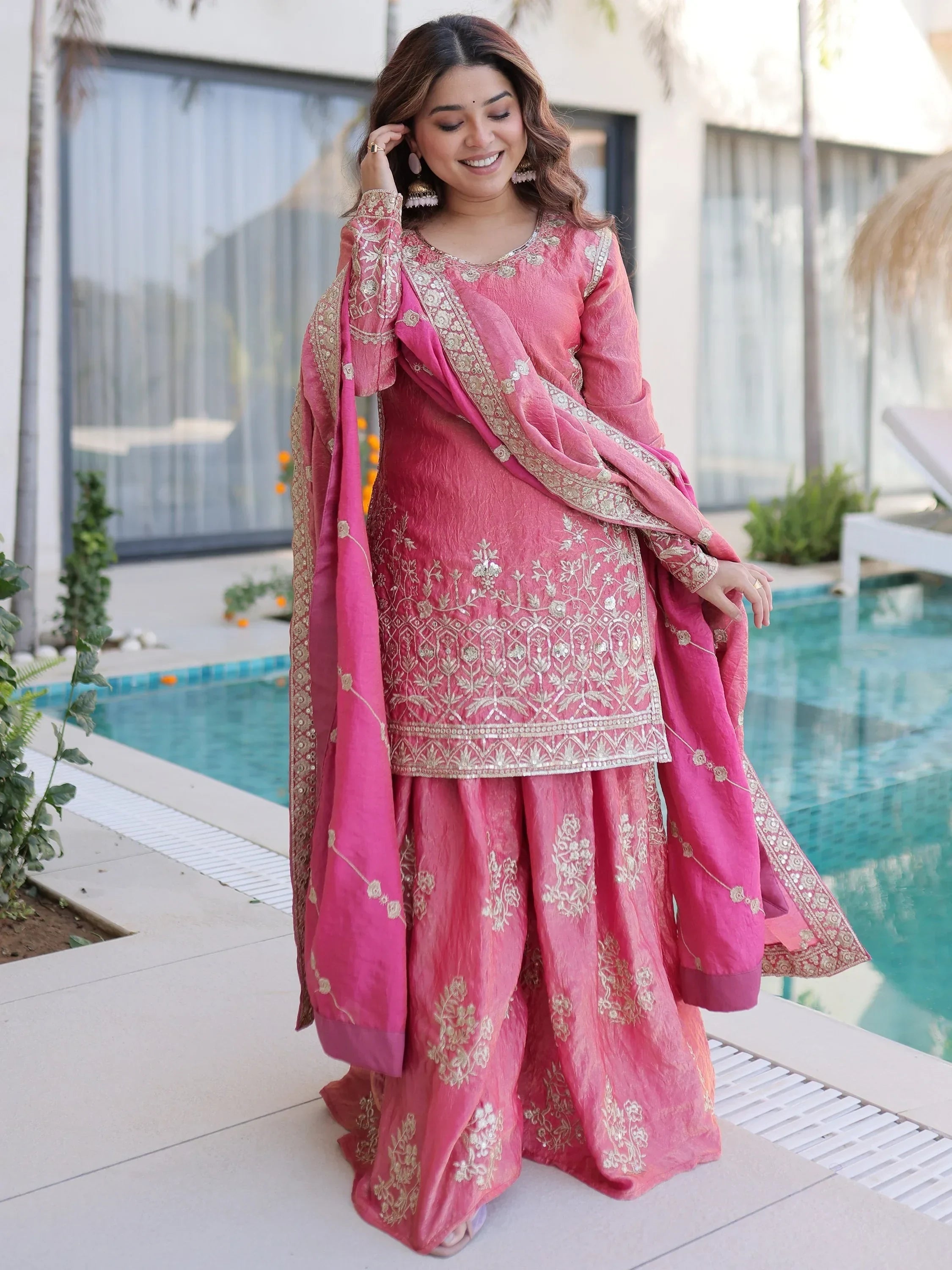 Pink Fantastic Zari Embroidered Crushed Festive Wear Sharara Suit
