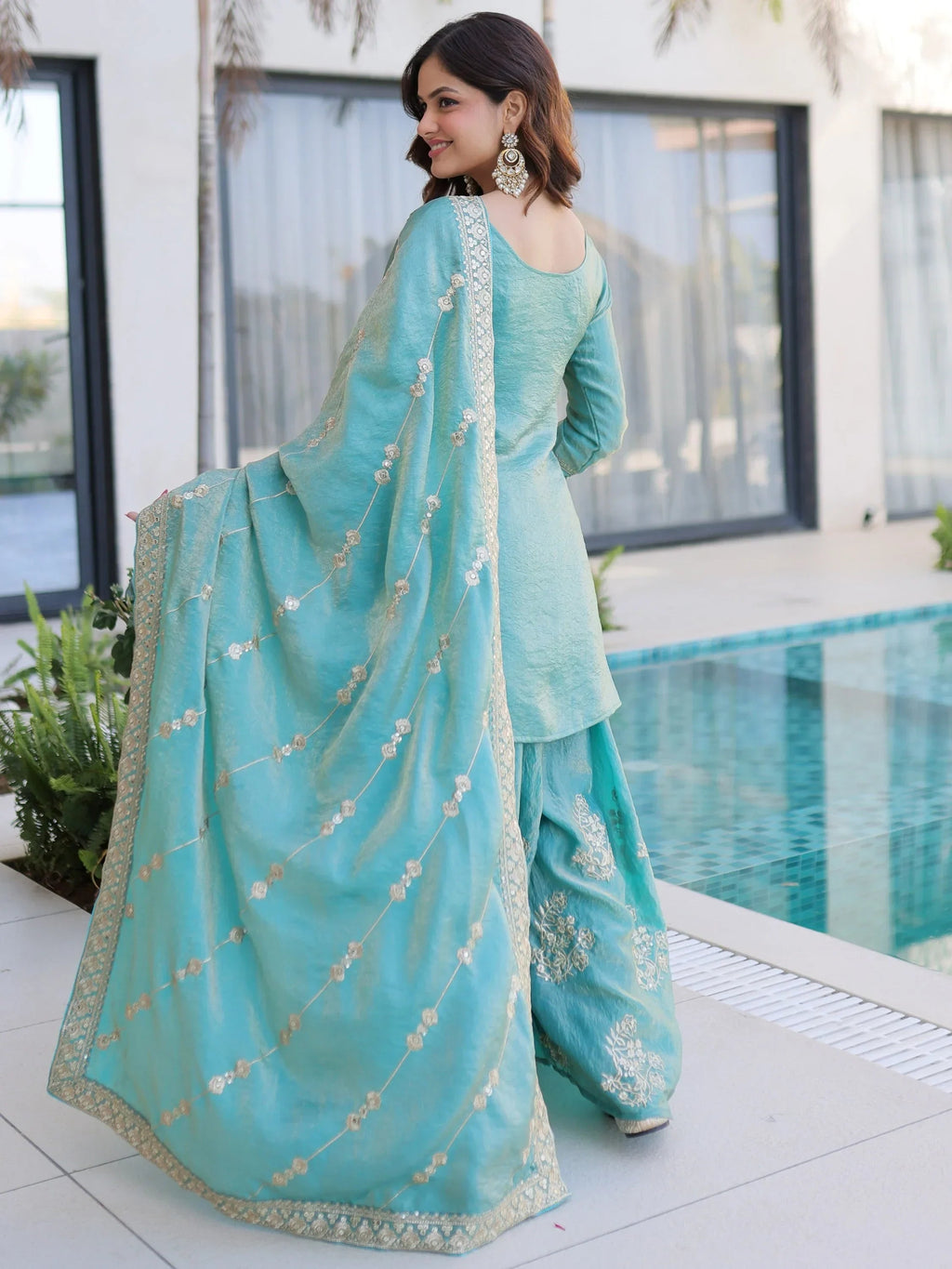 Sky Blue Fantastic Zari Embroidered Crushed Festive Wear Sharara Suit