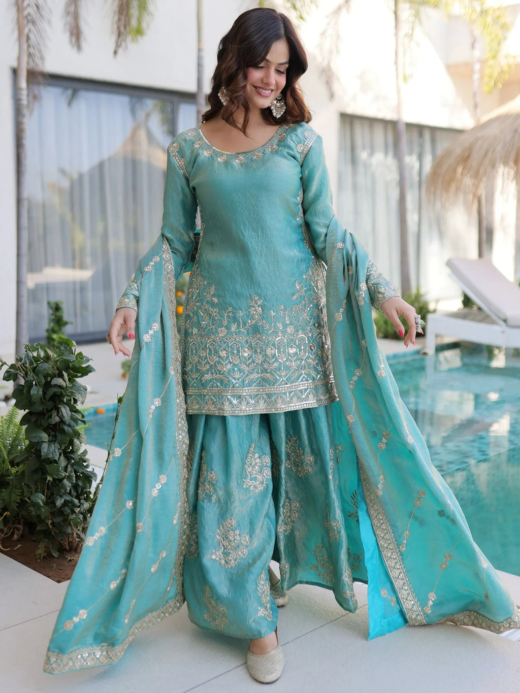 Sky Blue Fantastic Zari Embroidered Crushed Festive Wear Sharara Suit