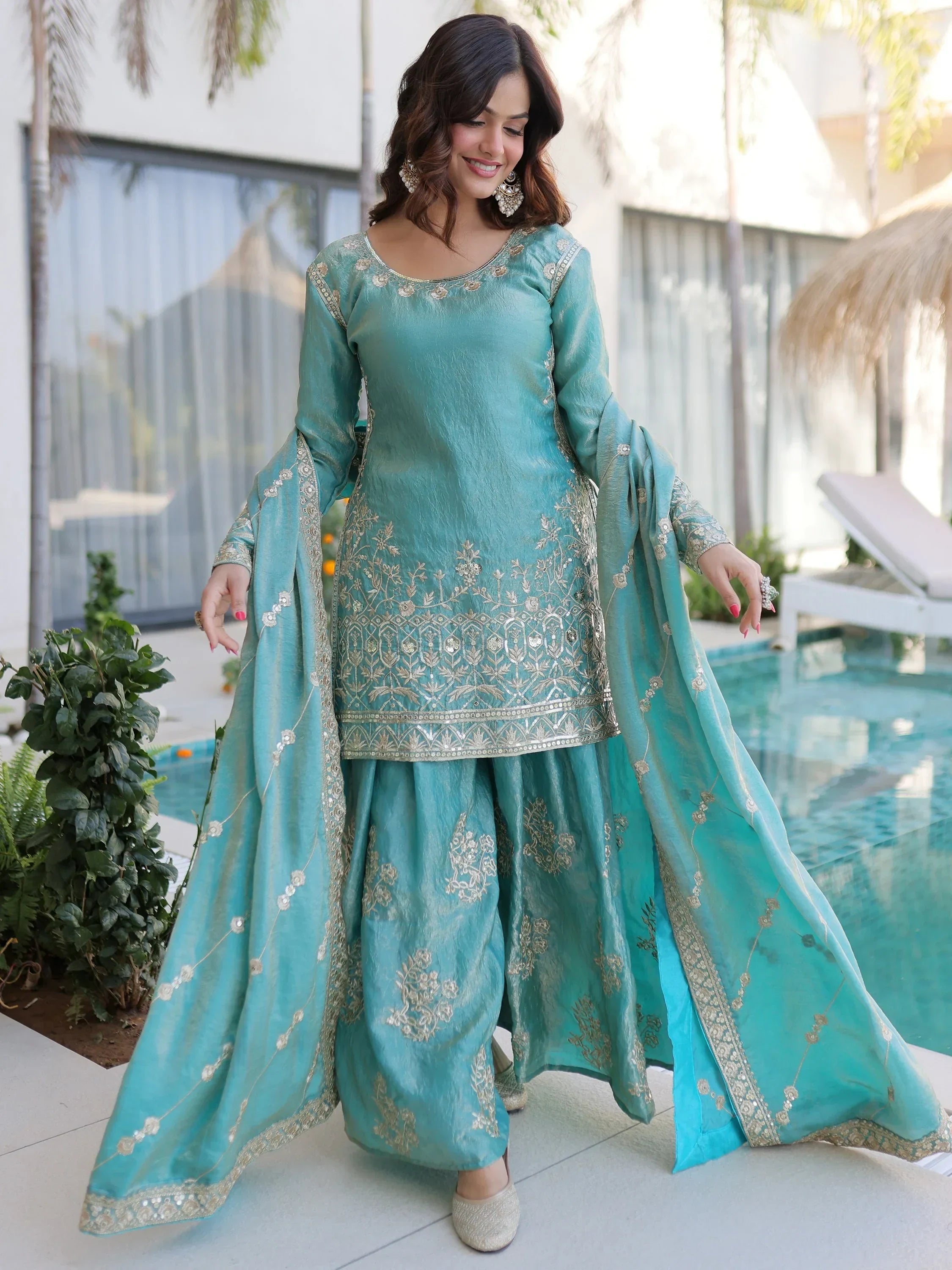 Sky Blue Fantastic Zari Embroidered Crushed Festive Wear Sharara Suit