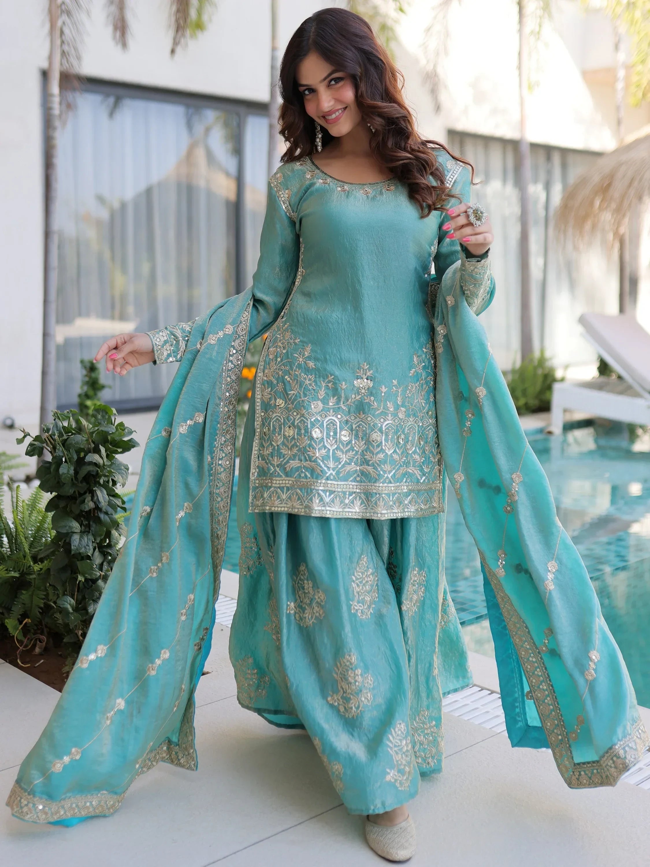 Sky Blue Fantastic Zari Embroidered Crushed Festive Wear Sharara Suit