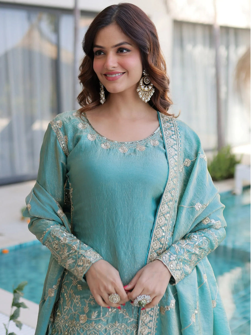 Sky Blue Fantastic Zari Embroidered Crushed Festive Wear Sharara Suit