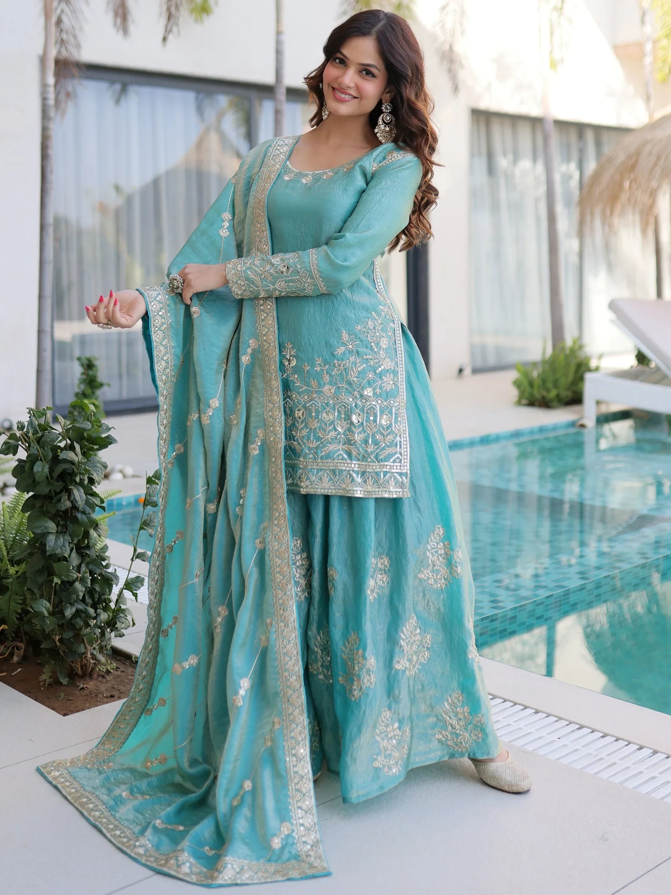 Sky Blue Fantastic Zari Embroidered Crushed Festive Wear Sharara Suit
