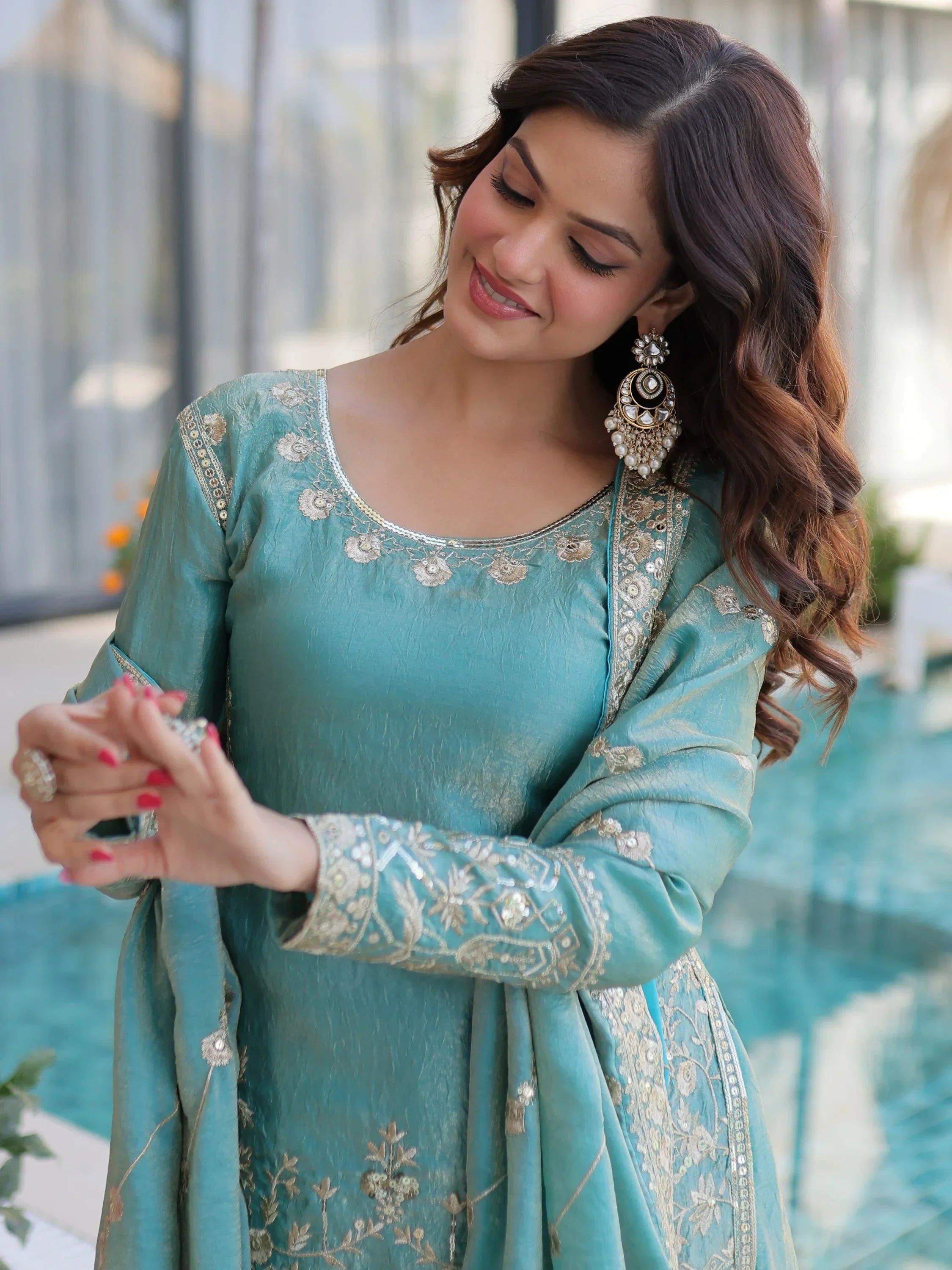 Sky Blue Fantastic Zari Embroidered Crushed Festive Wear Sharara Suit