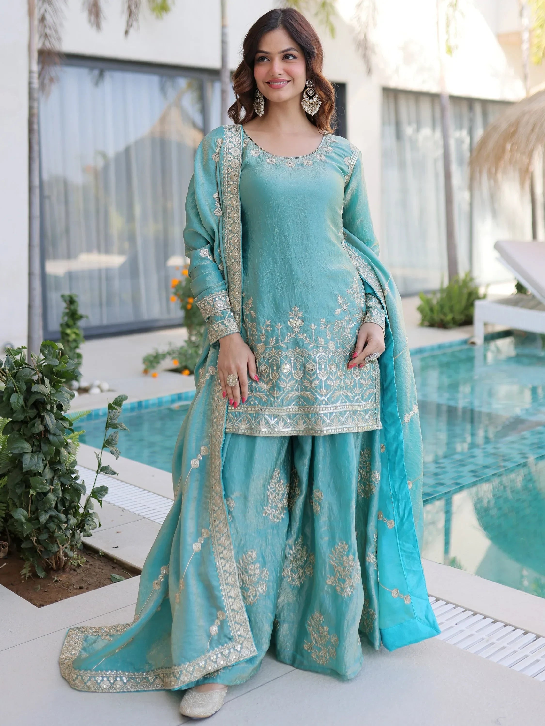 Sky Blue Fantastic Zari Embroidered Crushed Festive Wear Sharara Suit