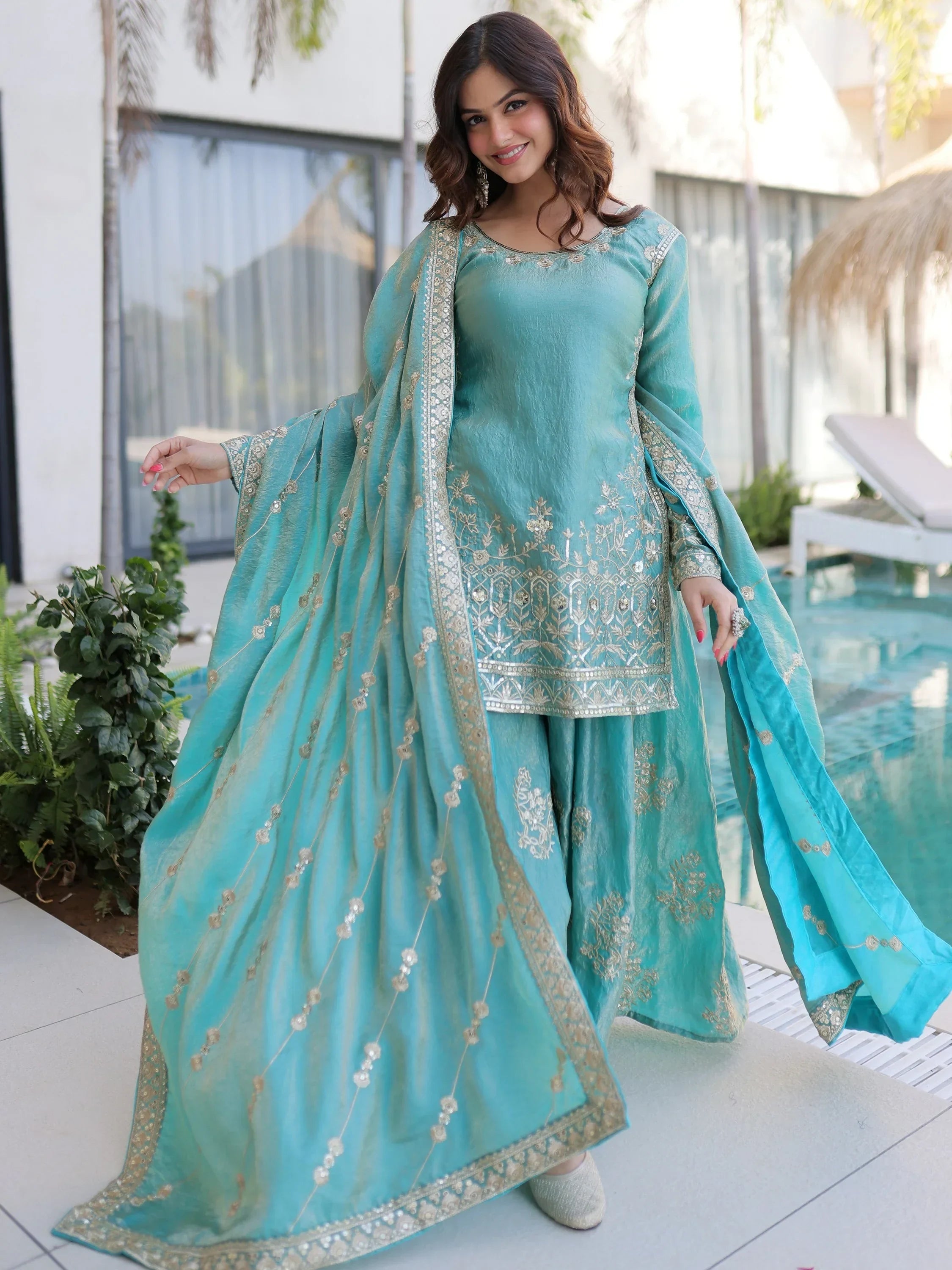 Sky Blue Fantastic Zari Embroidered Crushed Festive Wear Sharara Suit