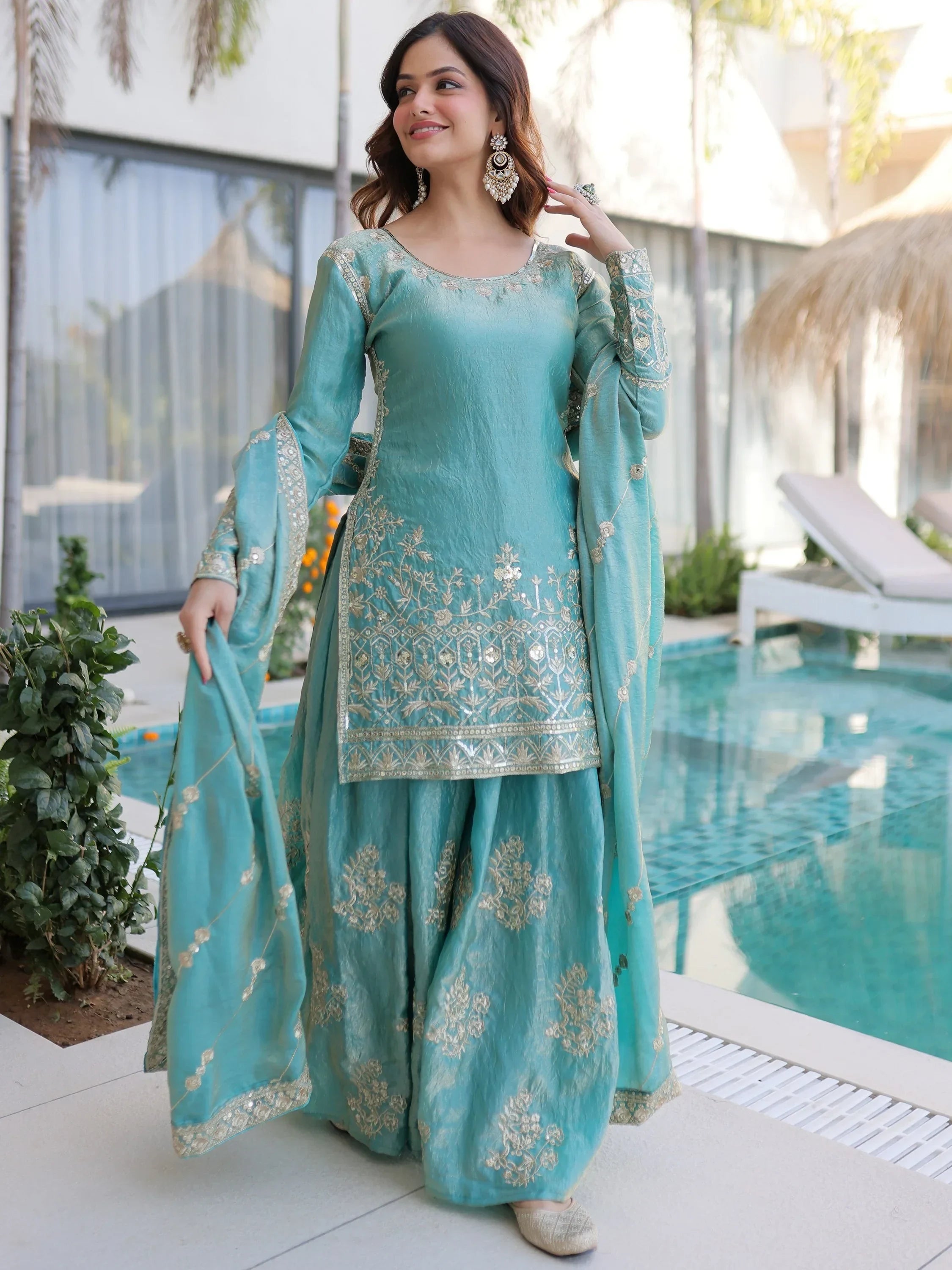 Sky Blue Fantastic Zari Embroidered Crushed Festive Wear Sharara Suit