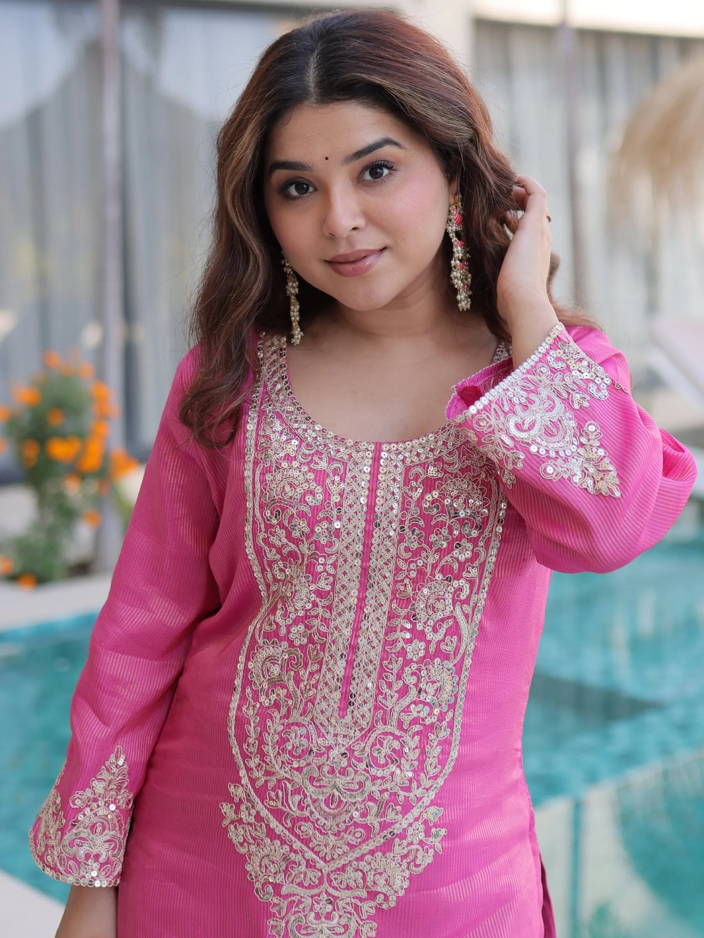 Pink Mesmerizing Coding Work Viscose Marriage Wear Salwar Kameez