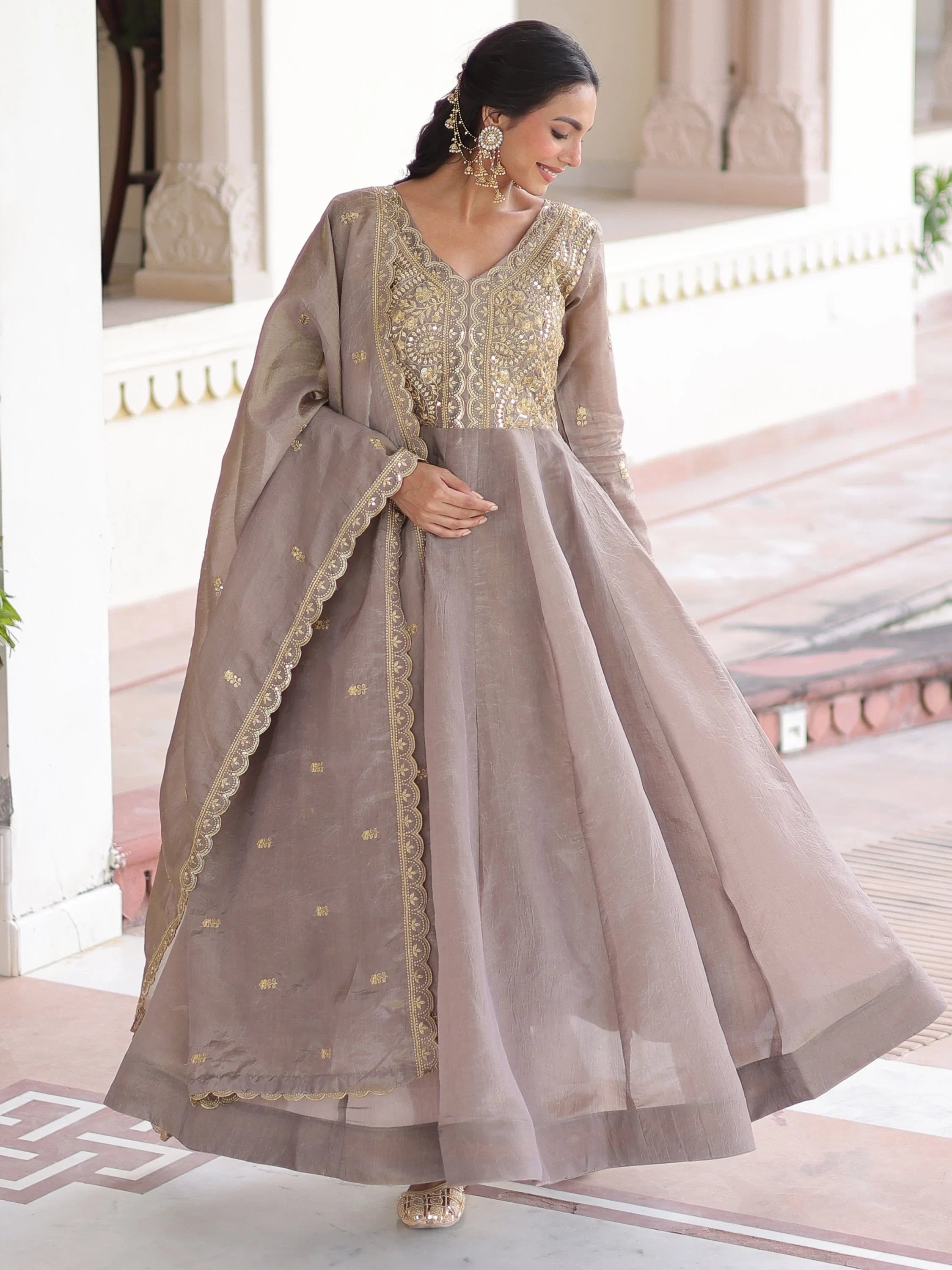 Grey Outstanding Zari Work Crushed Marriage Wear Gown With Dupatta