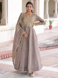 Grey Outstanding Zari Work Crushed Marriage Wear Gown With Dupatta