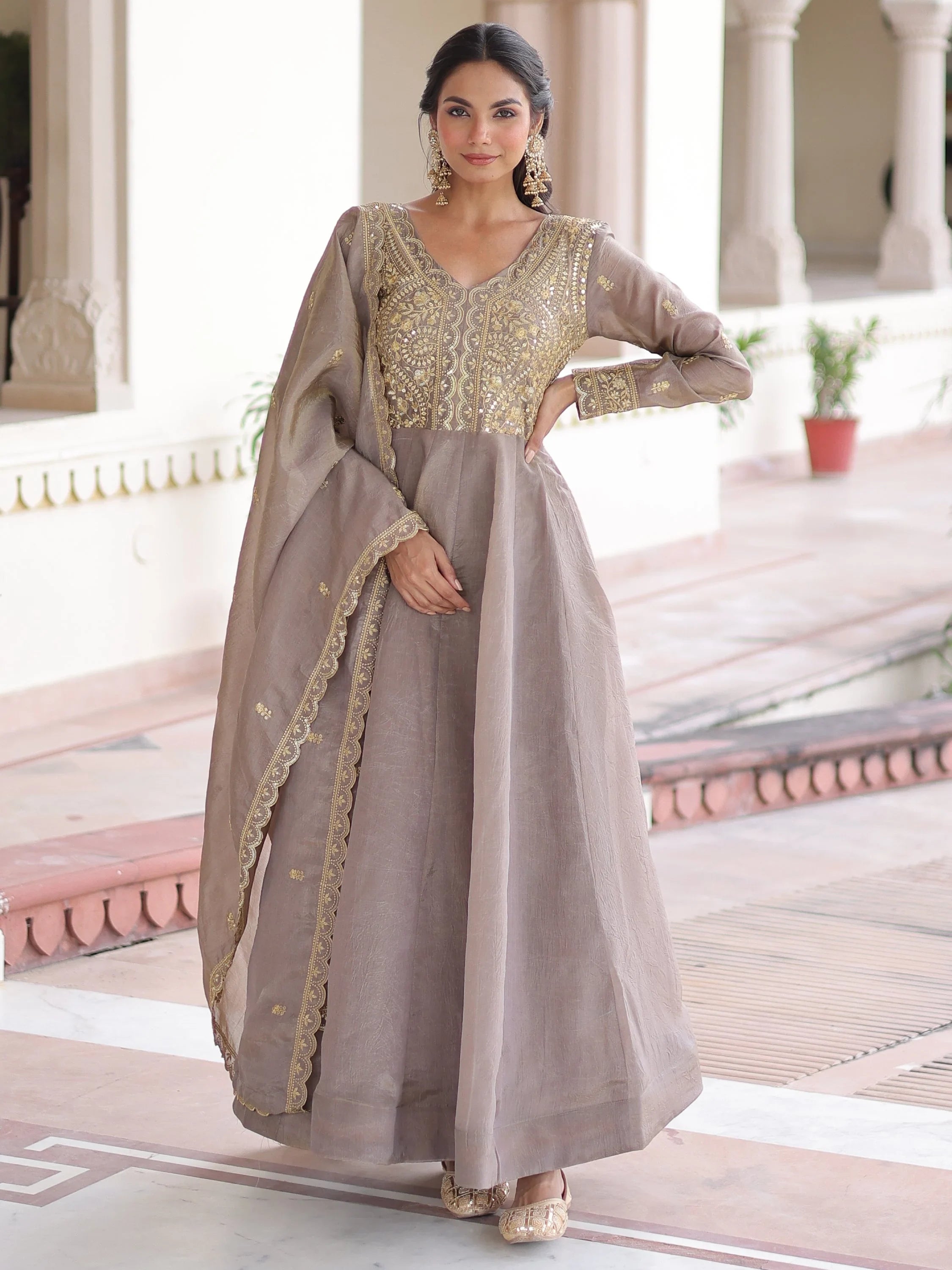 Grey Outstanding Zari Work Crushed Marriage Wear Gown With Dupatta