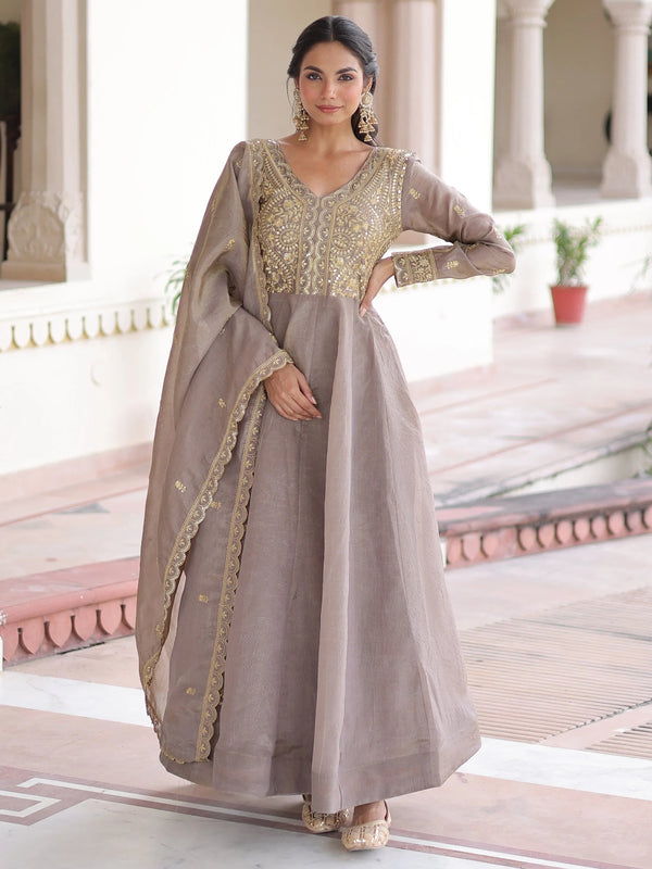 Grey Outstanding Zari Work Crushed Marriage Wear Gown With Dupatta
