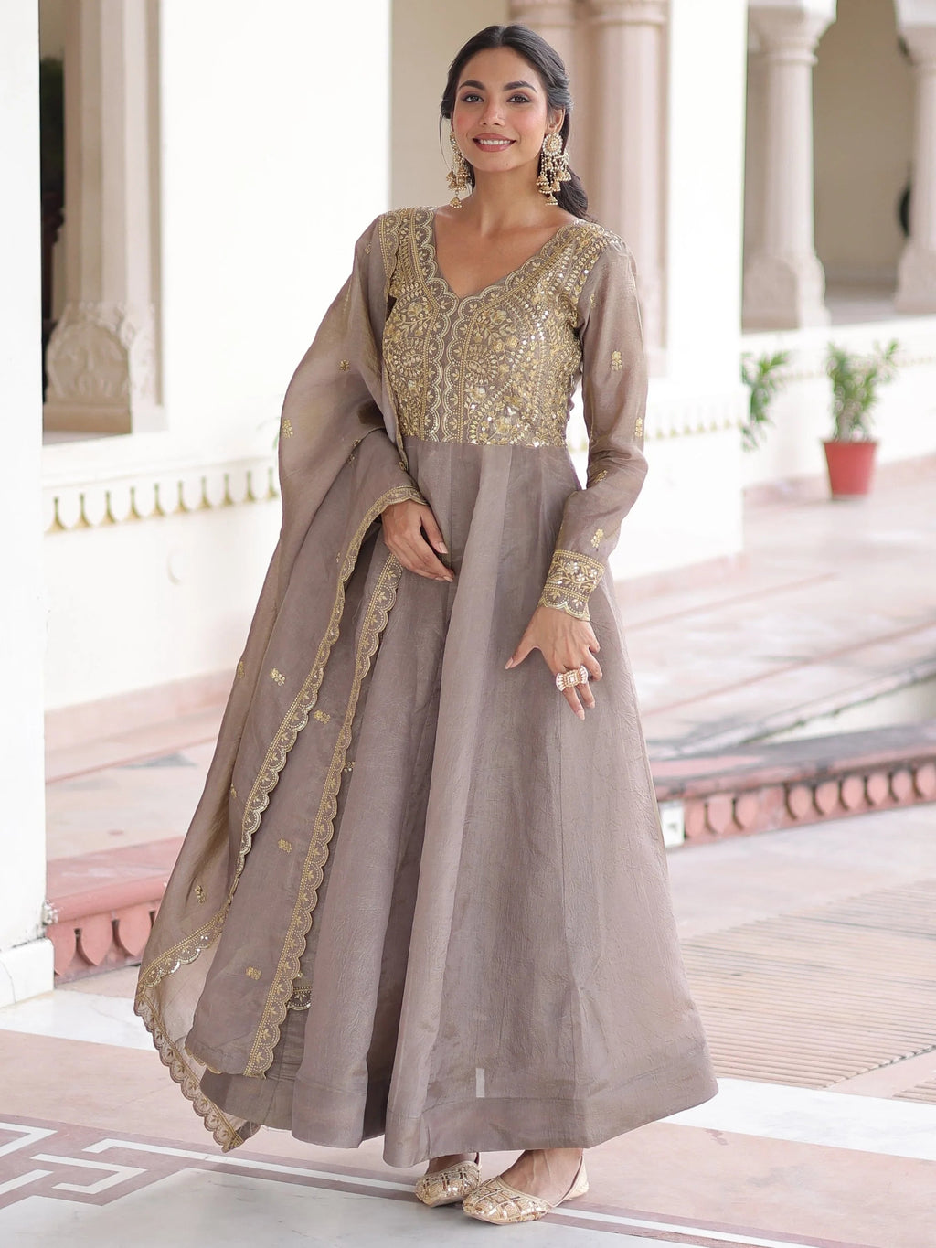 Grey Outstanding Zari Work Crushed Marriage Wear Gown With Dupatta