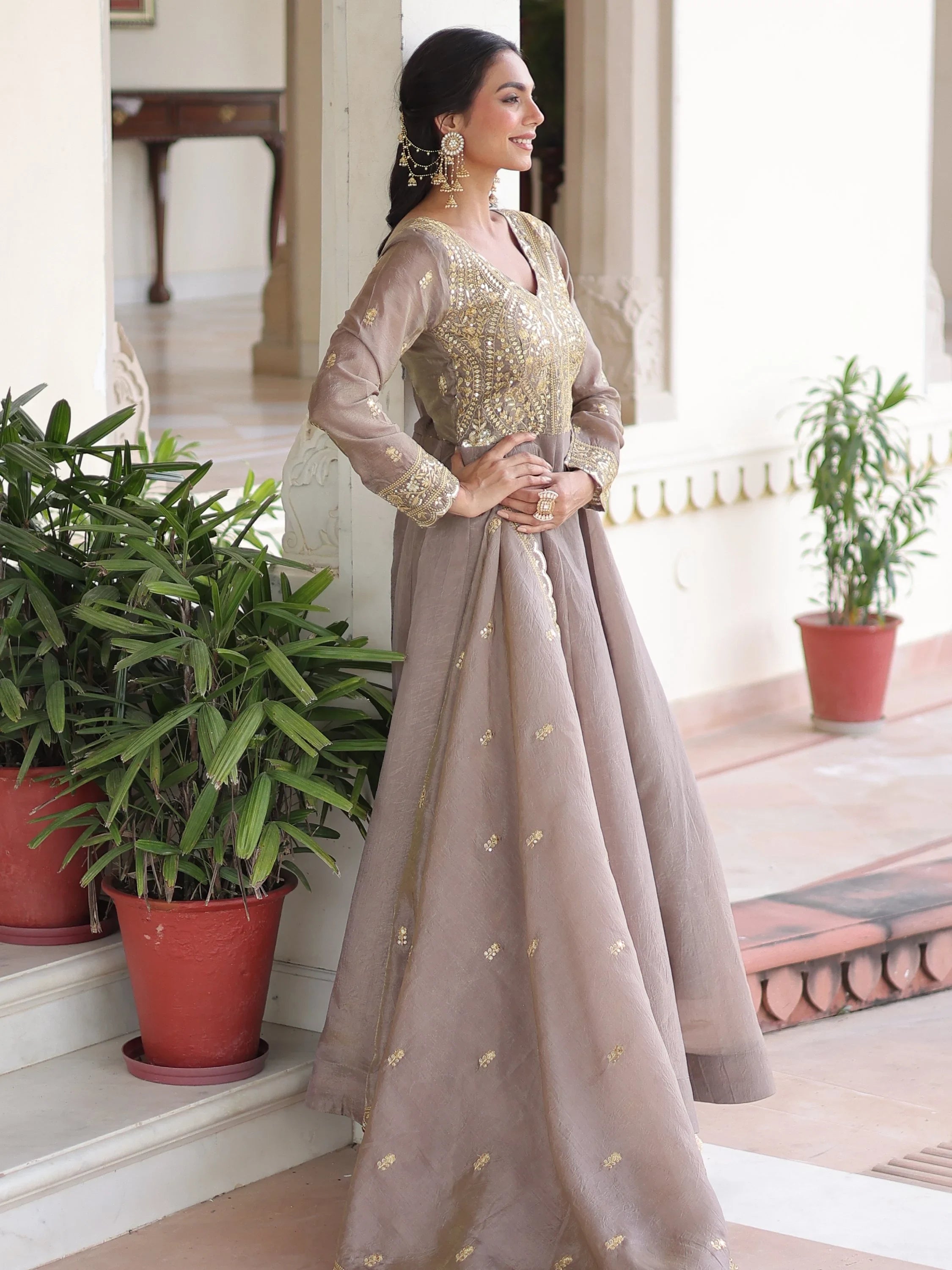 Grey Outstanding Zari Work Crushed Marriage Wear Gown With Dupatta