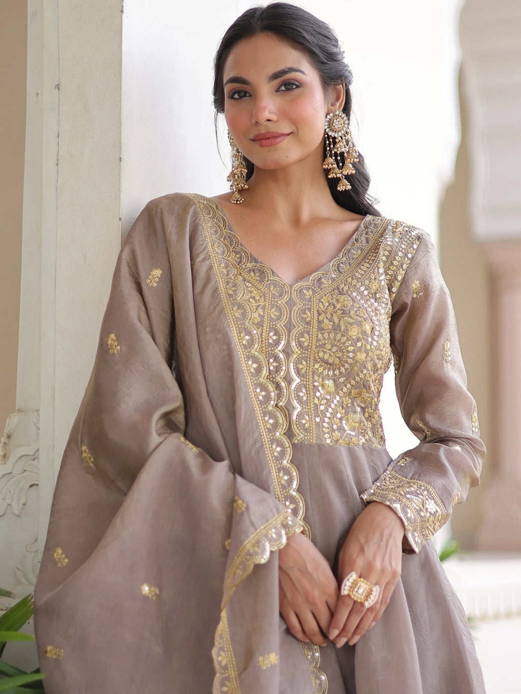Grey Outstanding Zari Work Crushed Marriage Wear Gown With Dupatta