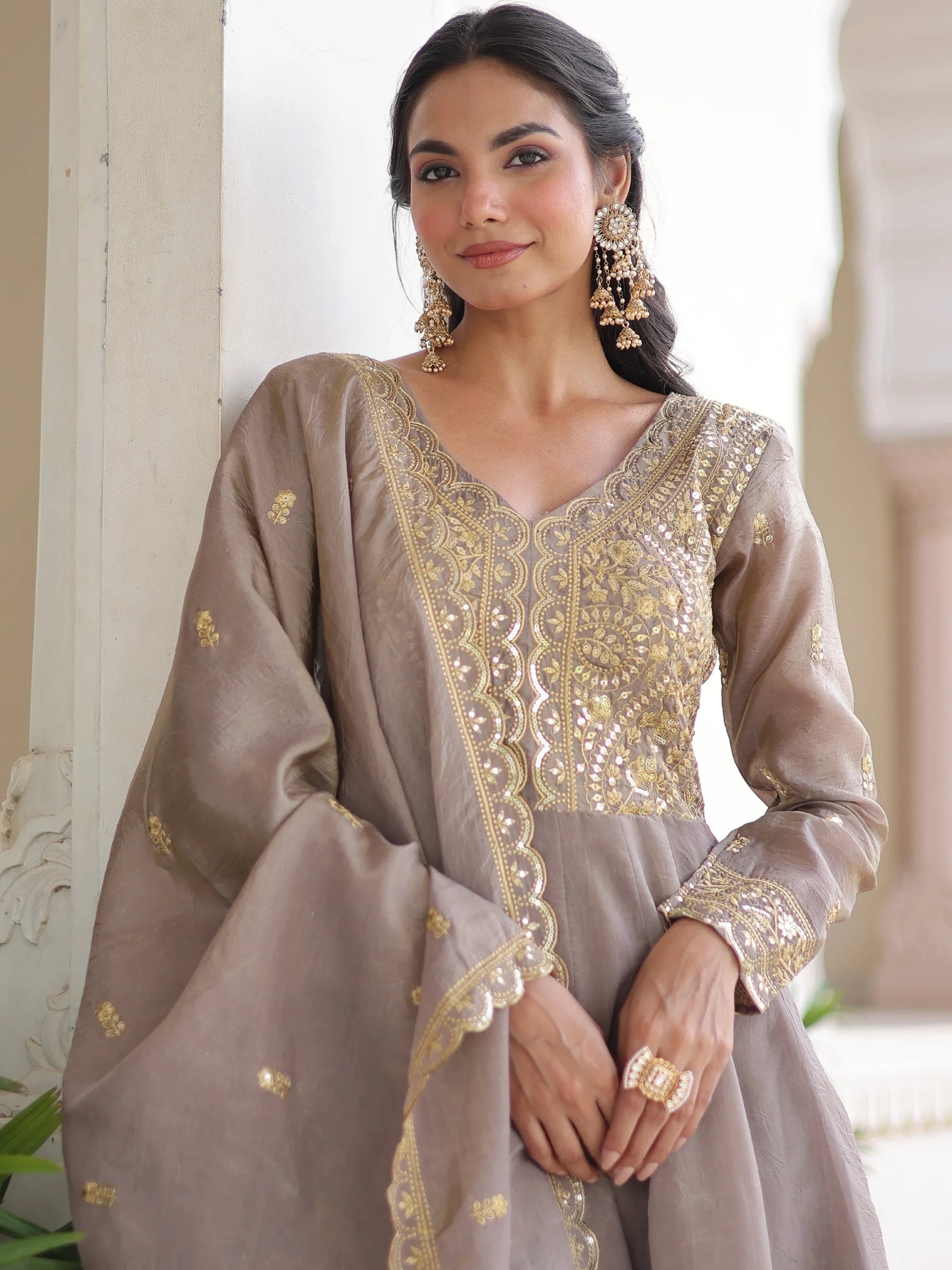 Grey Outstanding Zari Work Crushed Marriage Wear Gown With Dupatta
