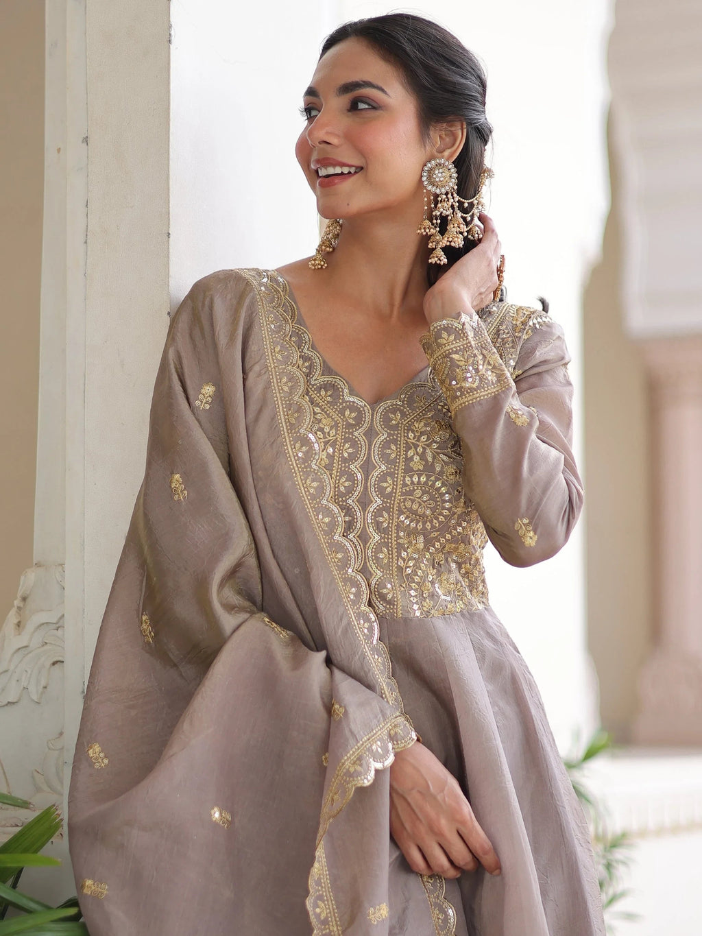 Grey Outstanding Zari Work Crushed Marriage Wear Gown With Dupatta