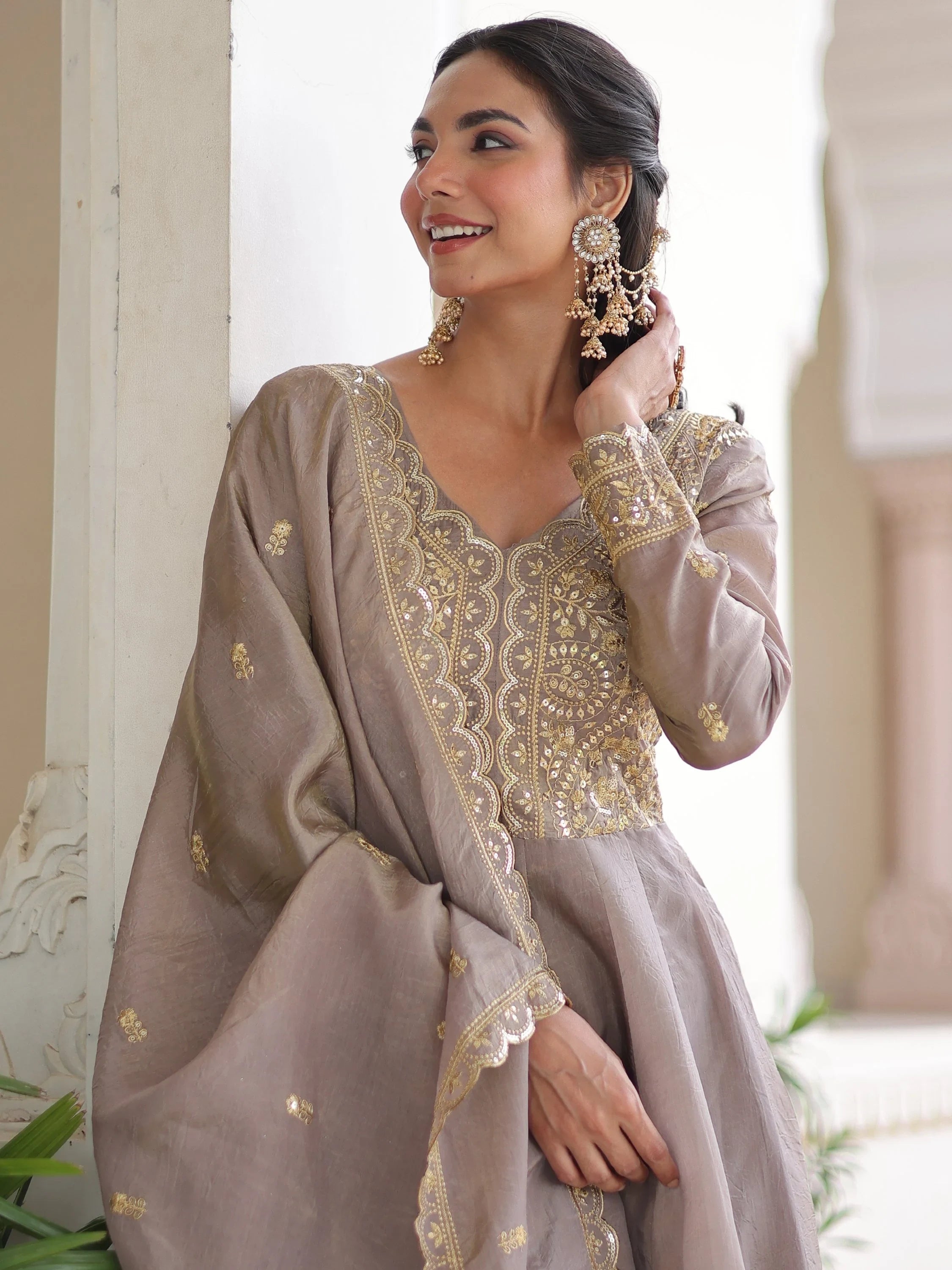 Grey Outstanding Zari Work Crushed Marriage Wear Gown With Dupatta