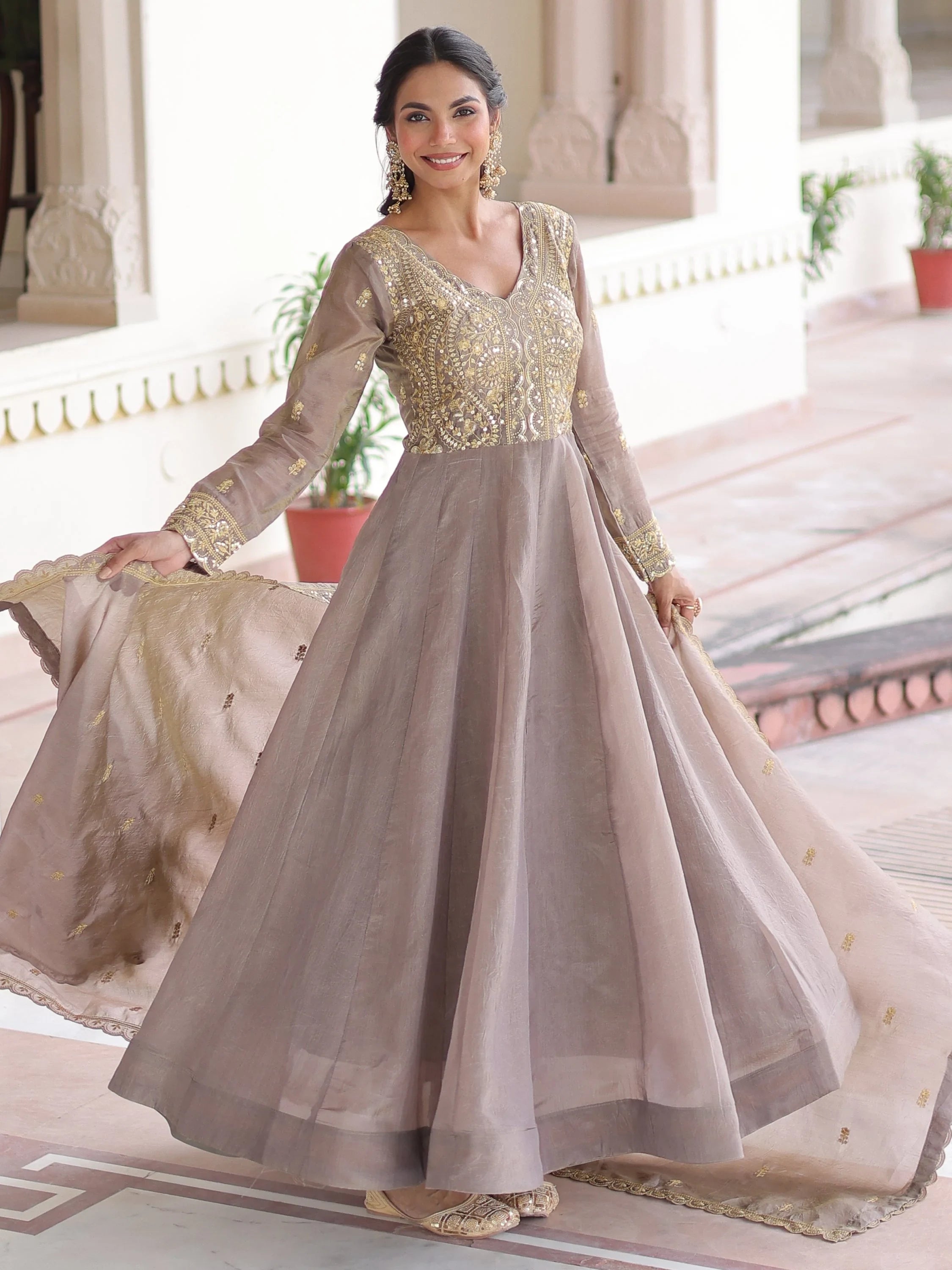 Grey Outstanding Zari Work Crushed Marriage Wear Gown With Dupatta
