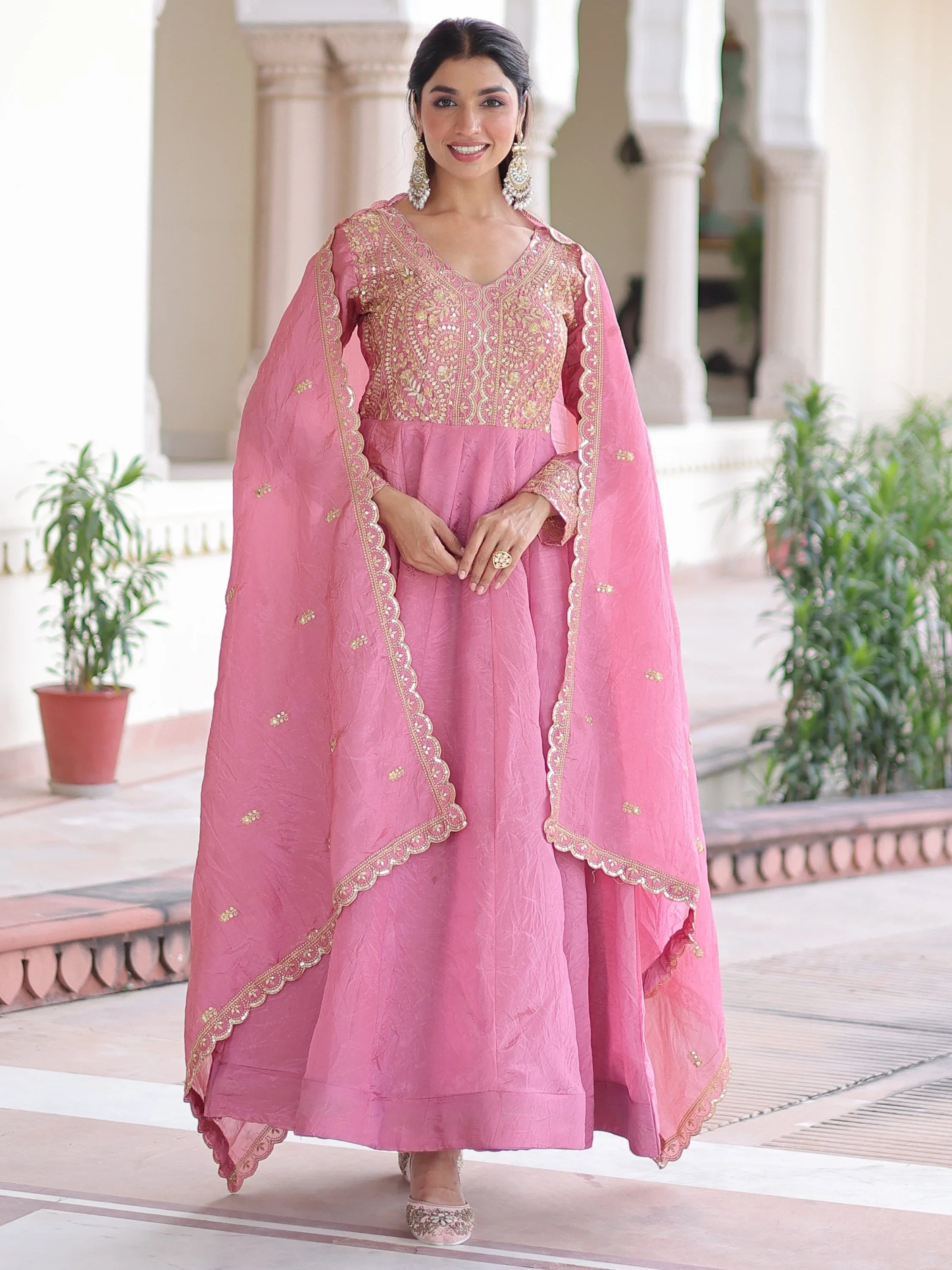 Pink Outstanding Zari Work Crushed Marriage Wear Gown With Dupatta