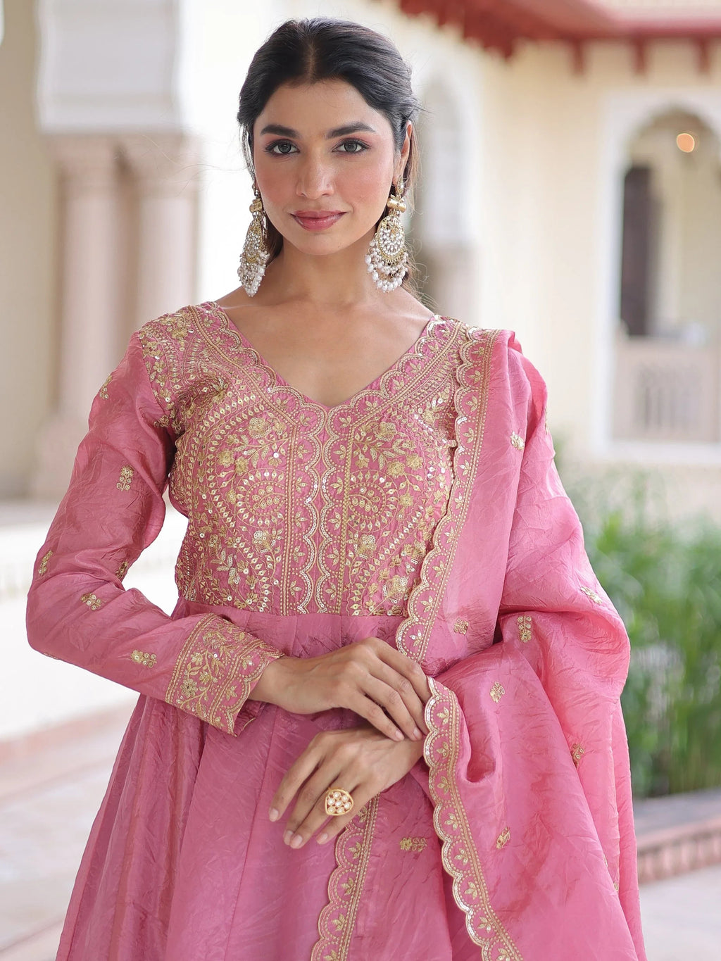 Pink Outstanding Zari Work Crushed Marriage Wear Gown With Dupatta