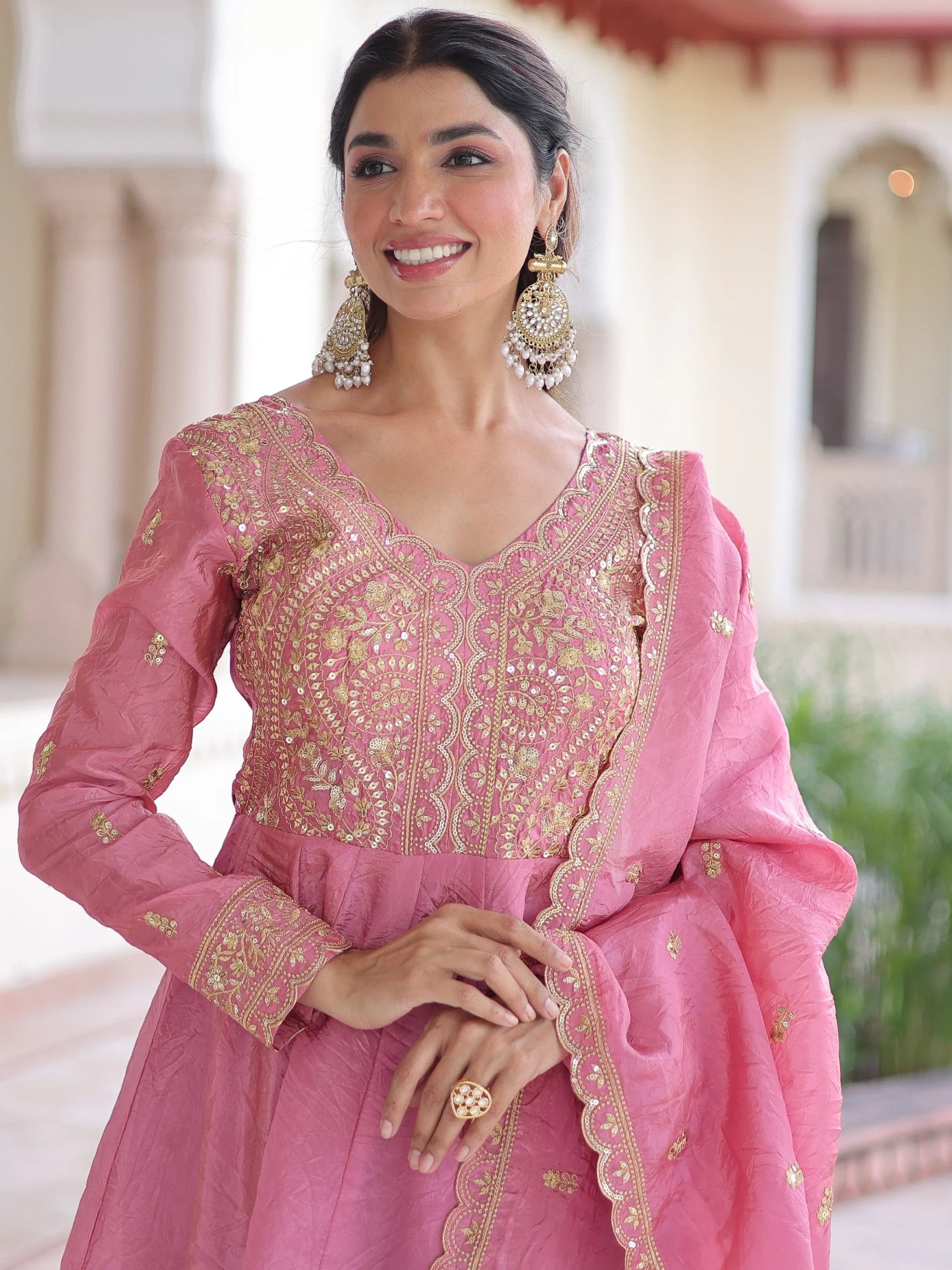 Pink Outstanding Zari Work Crushed Marriage Wear Gown With Dupatta