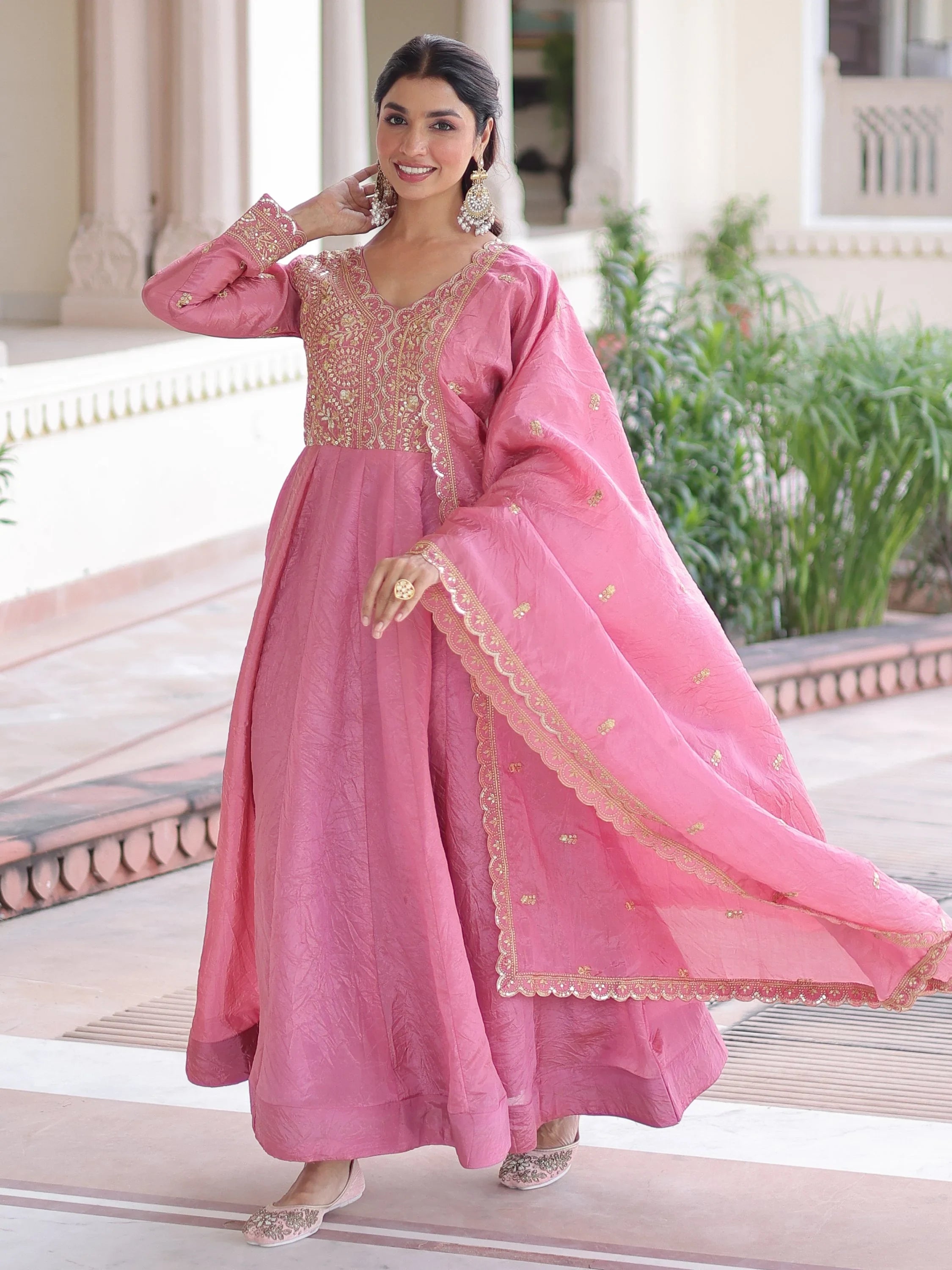 Pink Outstanding Zari Work Crushed Marriage Wear Gown With Dupatta