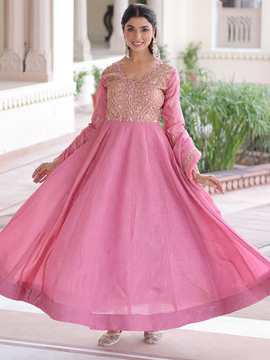 Pink Outstanding Zari Work Crushed Marriage Wear Gown With Dupatta