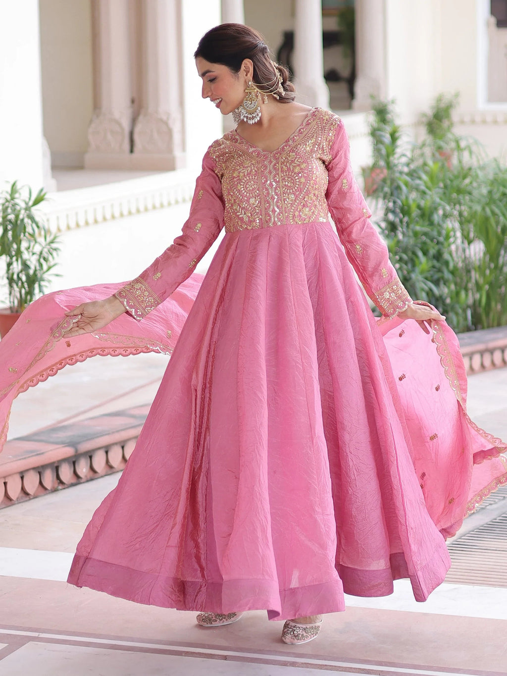 Pink Outstanding Zari Work Crushed Marriage Wear Gown With Dupatta