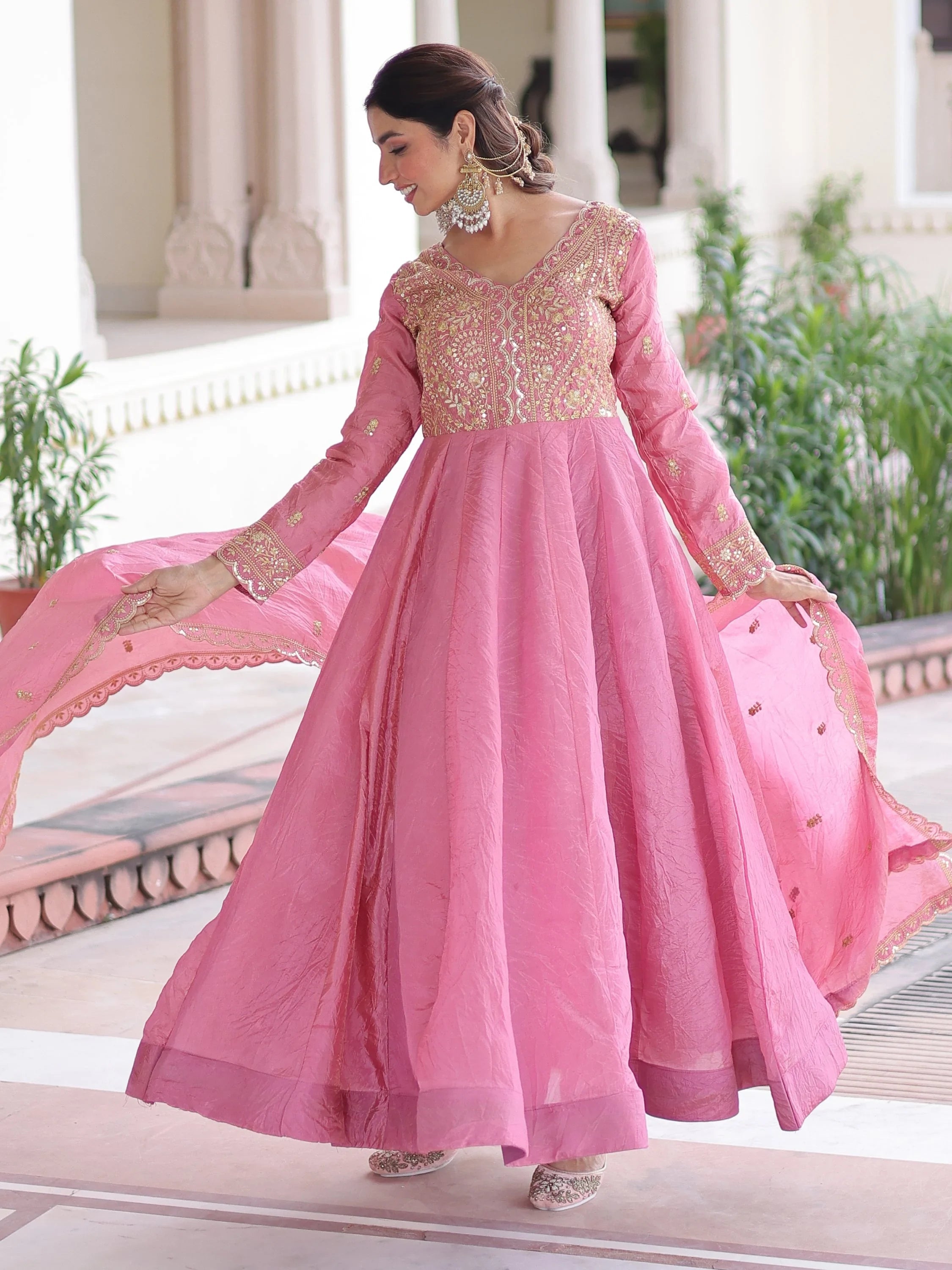 Pink Outstanding Zari Work Crushed Marriage Wear Gown With Dupatta