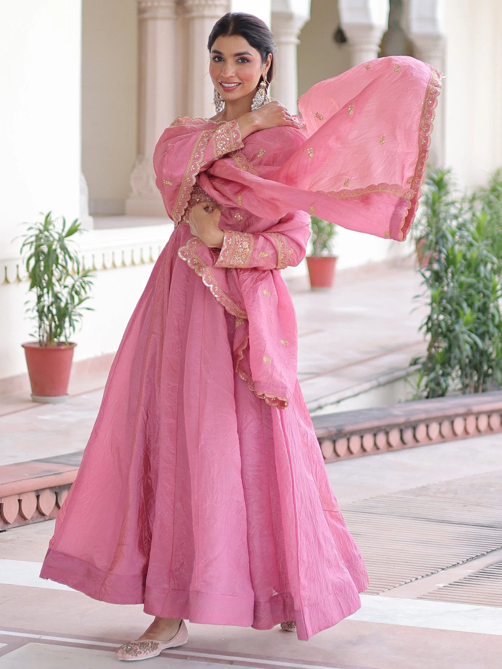 Pink Outstanding Zari Work Crushed Marriage Wear Gown With Dupatta